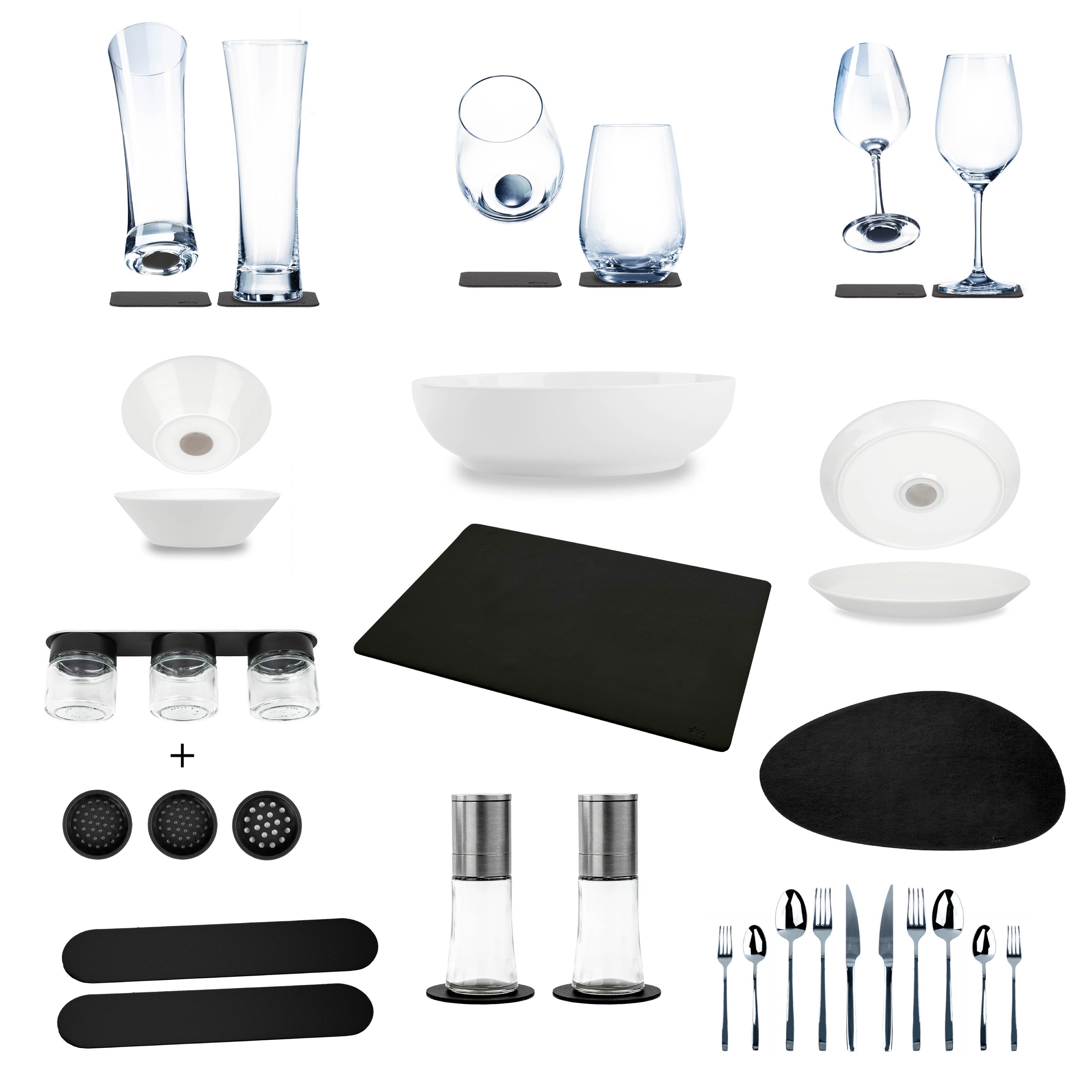 Set of glasses, Plates, metal DIY mat, Cutlery, spice jars and metal strips
