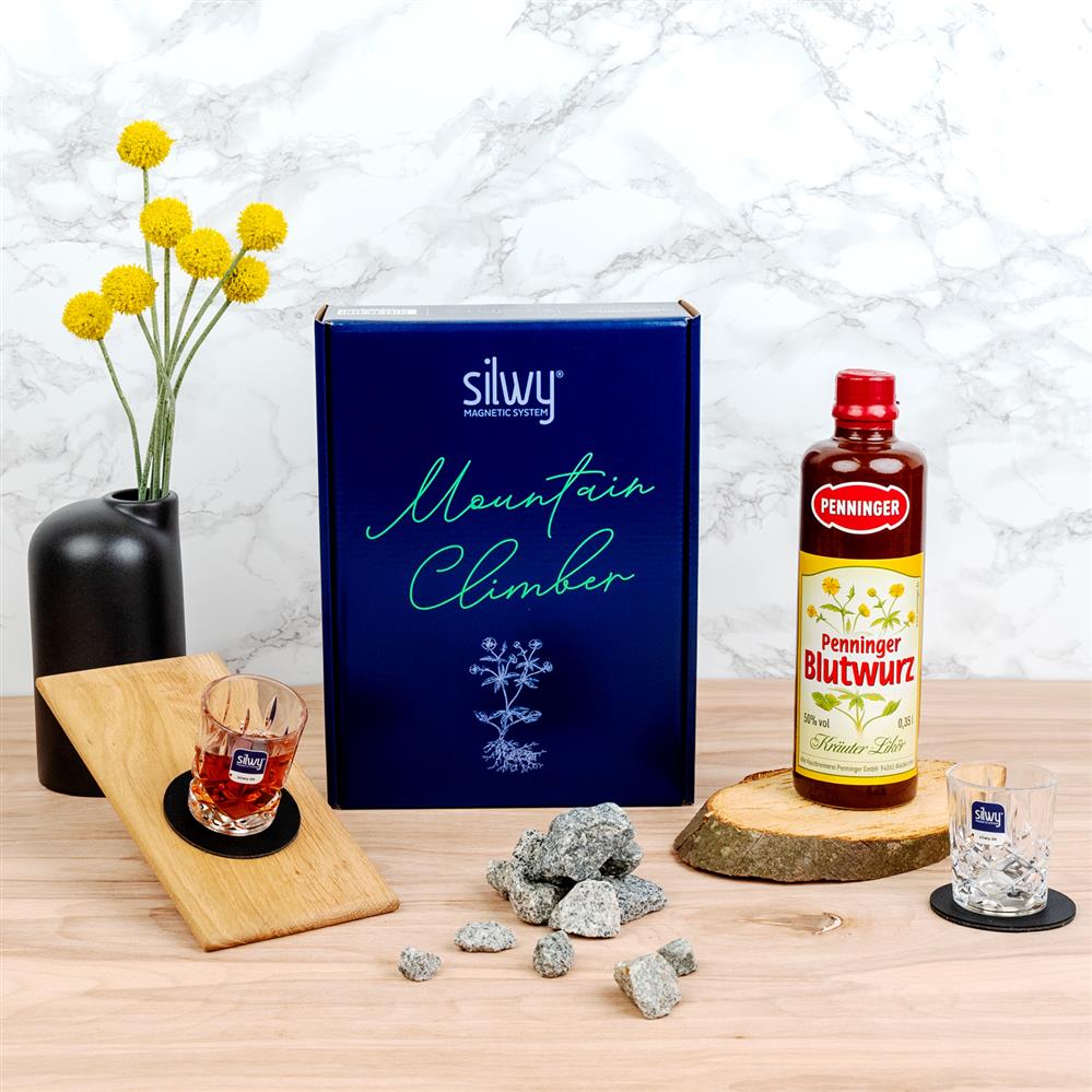 Scatola regalo Penninger Mountain Climber - confezione blu con due bicchieri di cristallo magnetici, una bottiglia di Penninger Bloodroot e pastiglie nano-gel metalliche rotonde in nero