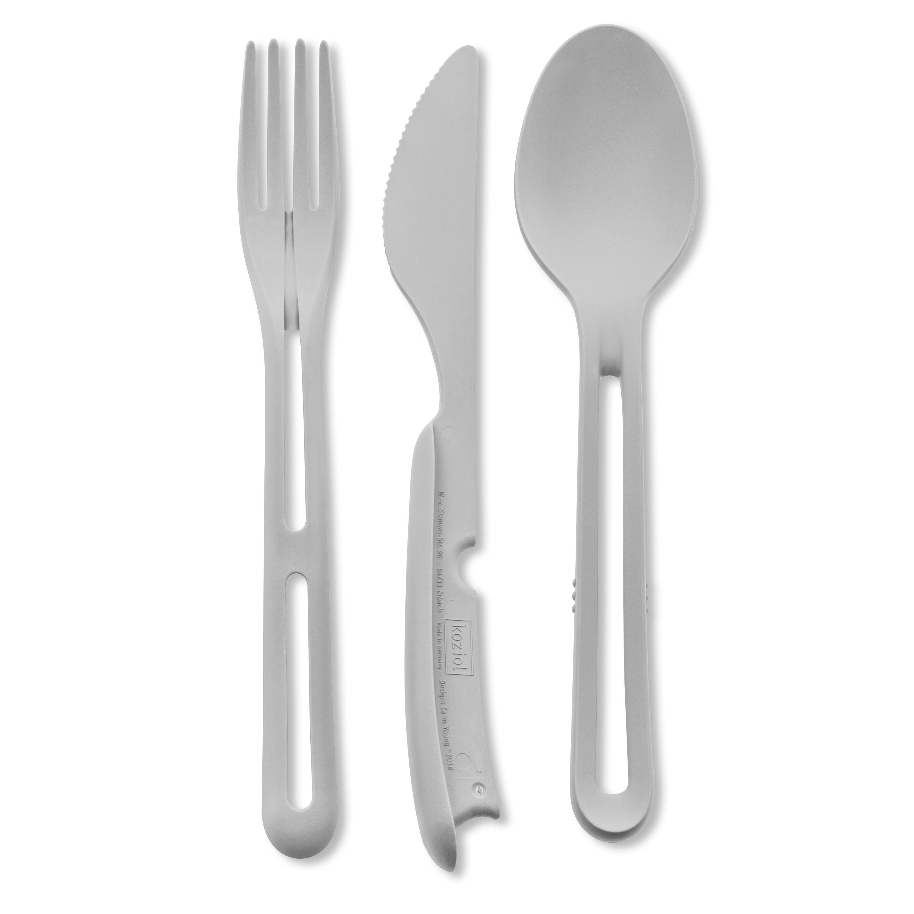 Posate di plastica TRICKY, set da 3 pezzi composto da forchetta, coltello e cucchiaio