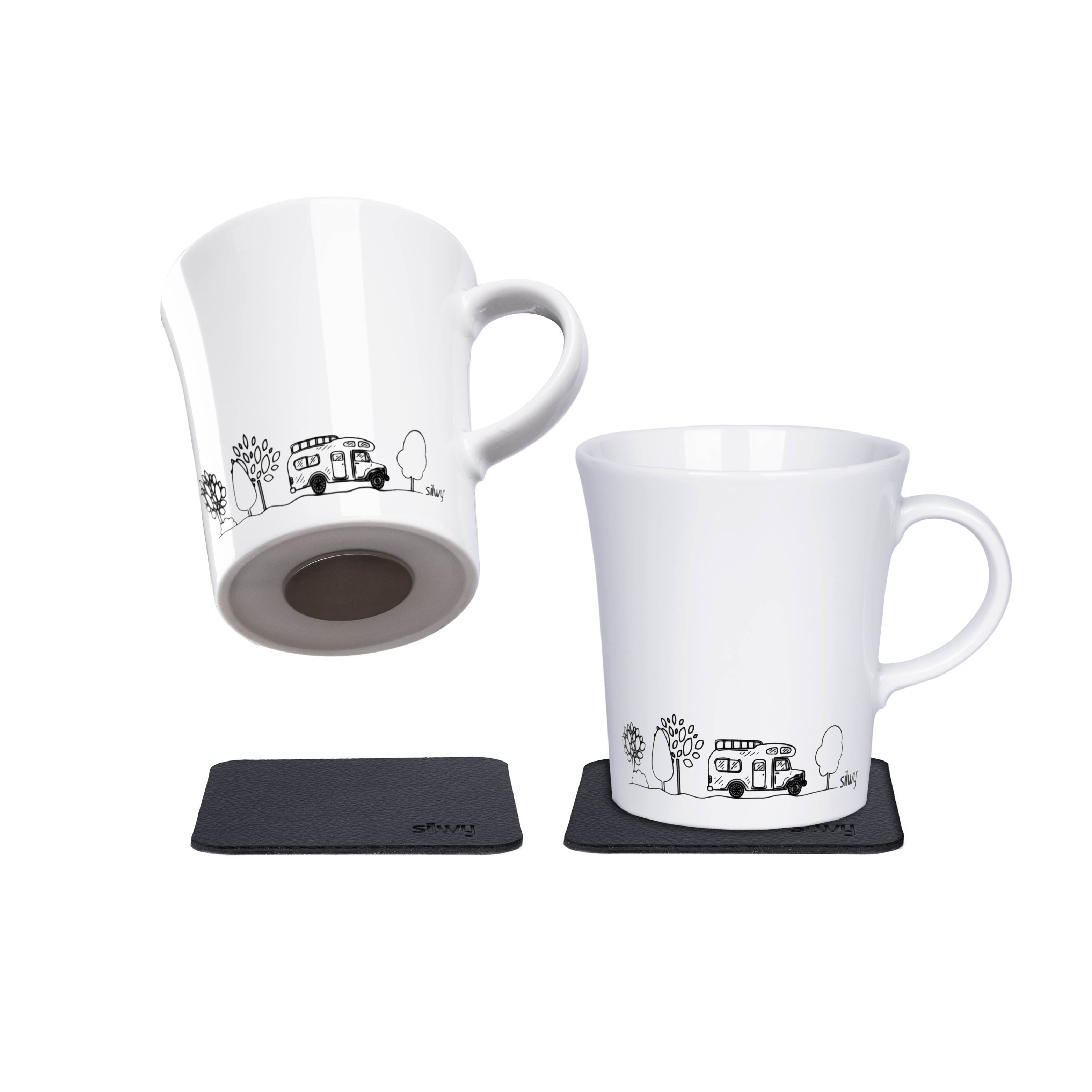 Tasses magnétiques en porcelaine CAMPING (Pad en NOIR)