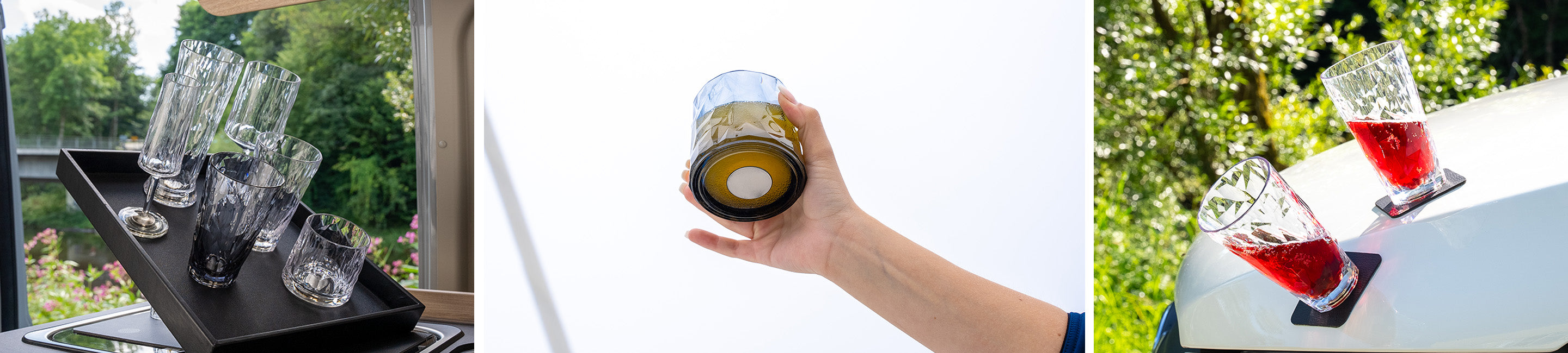 Magnet-Gläser auf Metall-Tablett, Magnet-Kunststoffglas Tumbler Grey mit integriertem Magneten im Boden und zwei Magnet-Kunststoffgläser Longdrink auf quadratischen Metall-Nano-Gel-Pads 