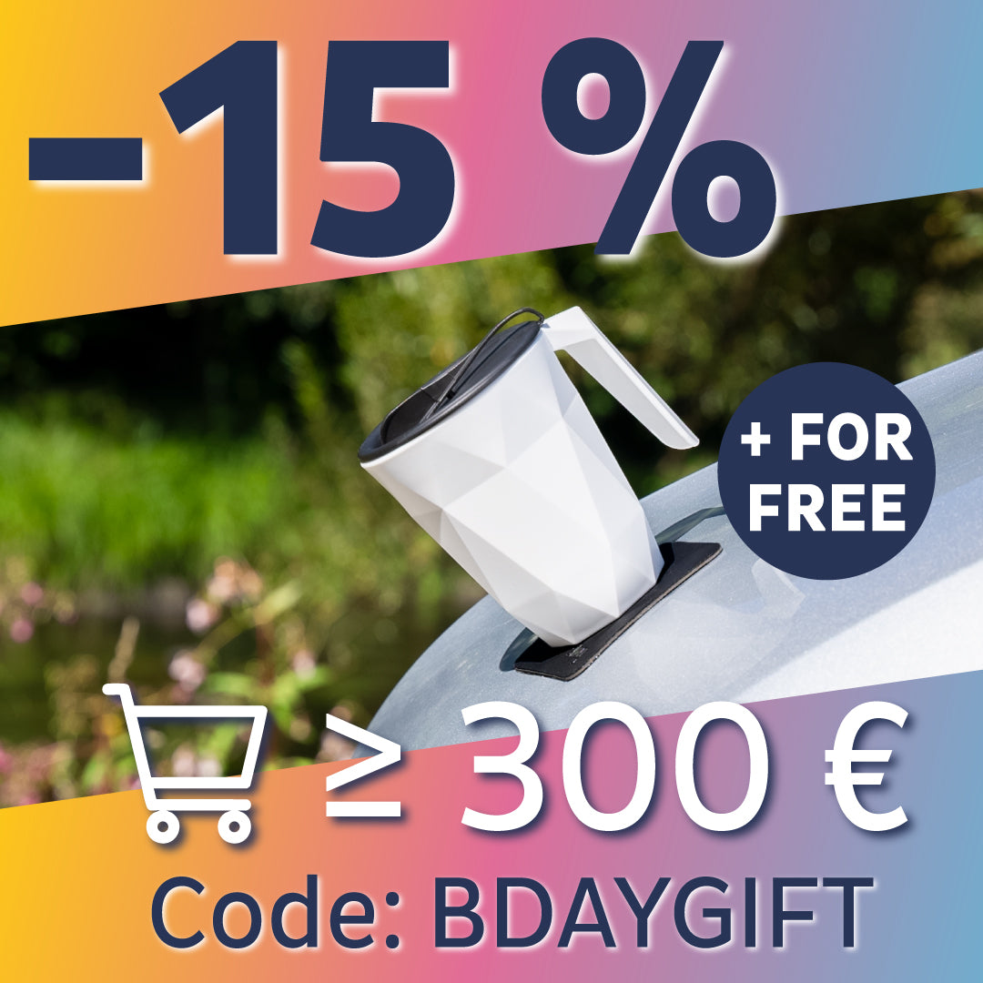 Geburtstagsrabatt: 15% Rabatt und Gratis Kunststoff-Henkeltasse geschenkt
