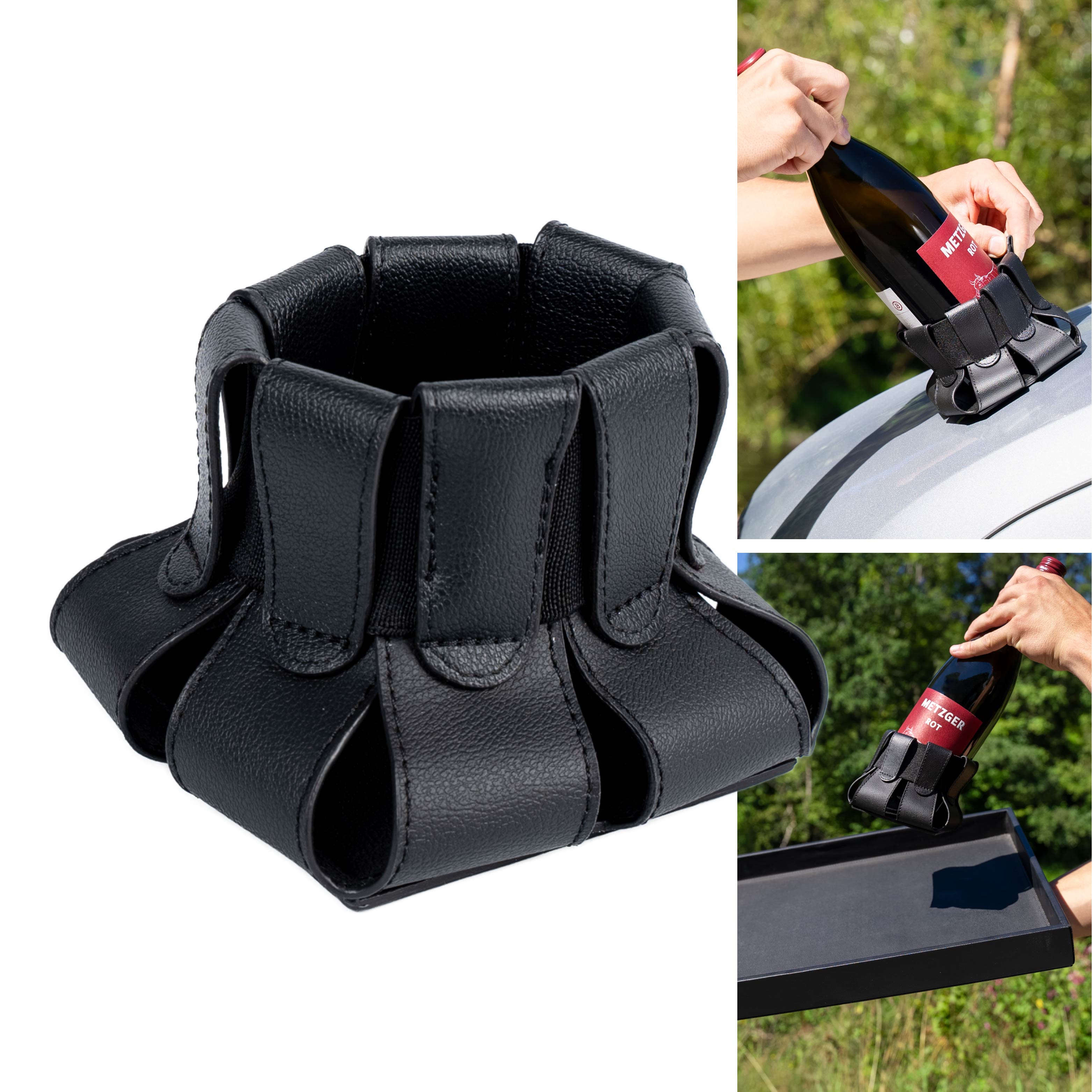 Magnetic bottle holder clipping and photos with red wine bottle on metal tray and on metallic surface 