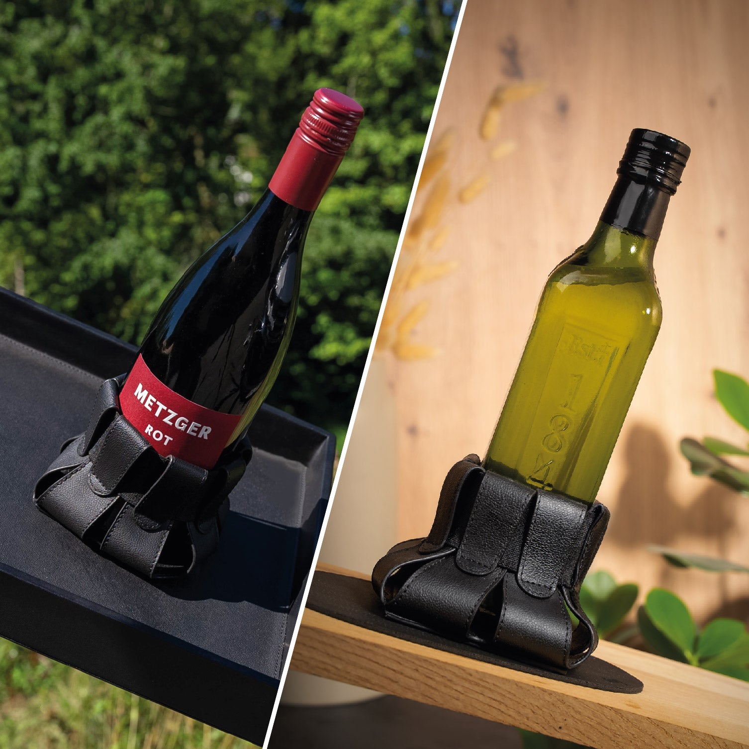 Magnetic bottle holder on metal tray and on placemat 