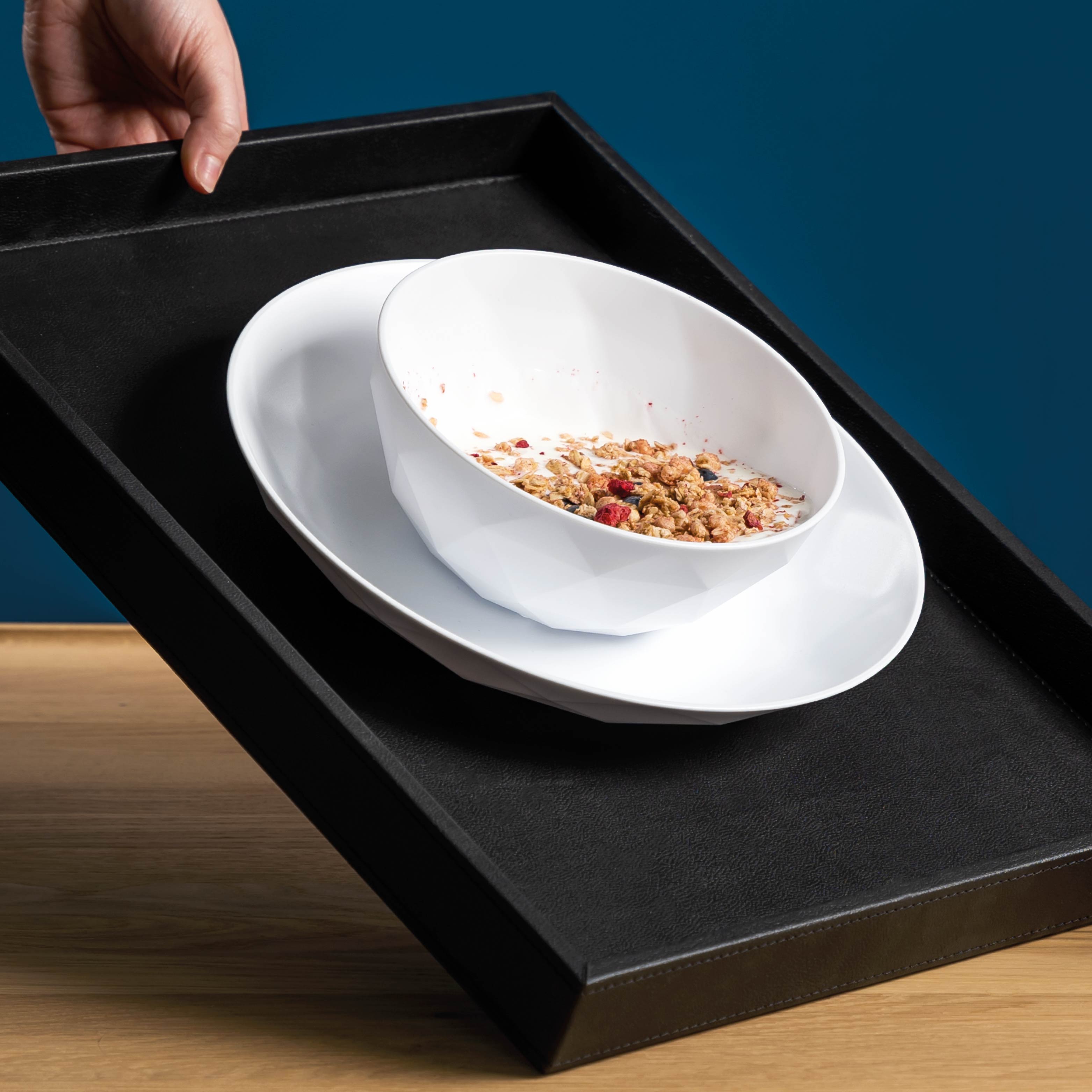 Magnetic plastic Plates and Bowls on a metal tray in an inclined position