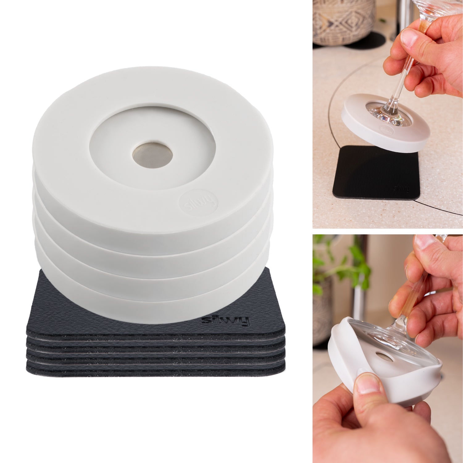 Magnetic adapters white with corresponding Metal-Nano-Gel-Pads in black 