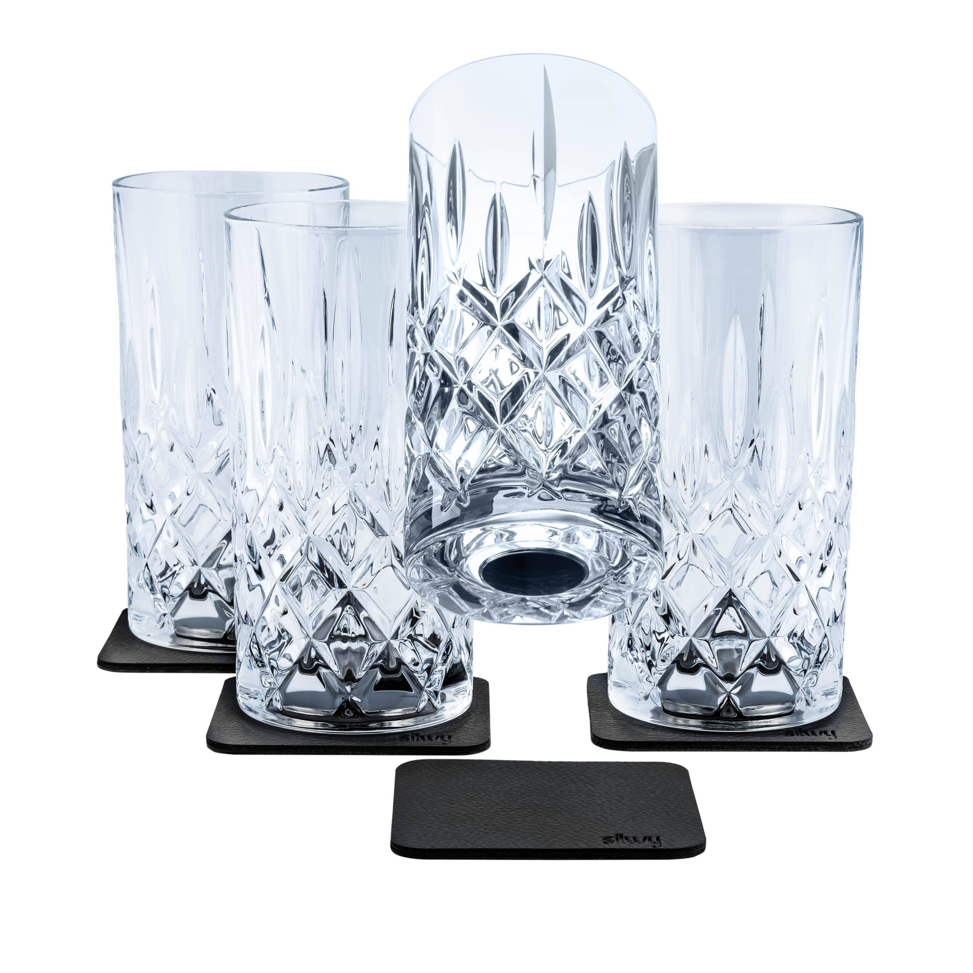 Magnetic crystal glasses long drink set of 4 with pads