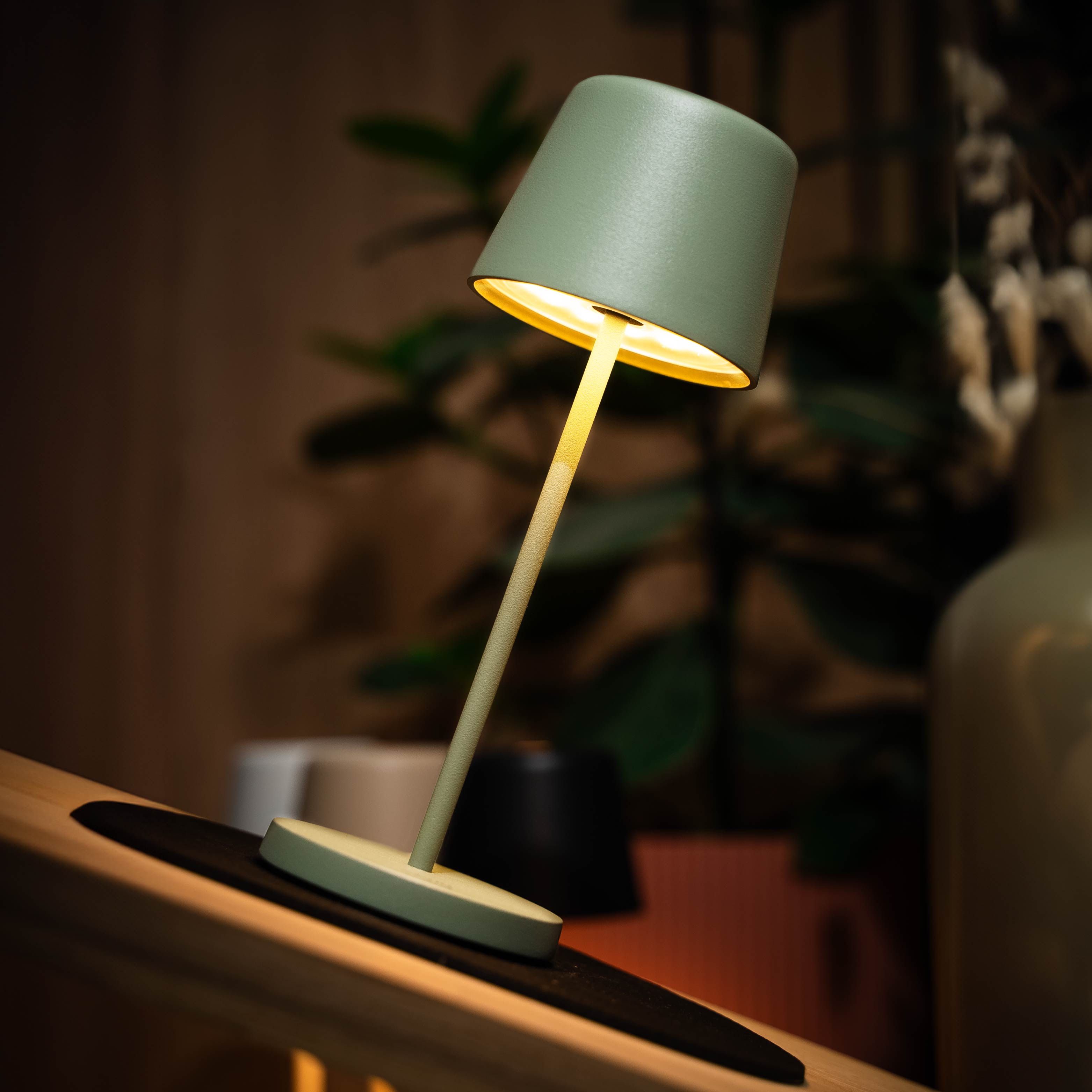 Magnetic lamp Monaco in olive on accompanying placemat 