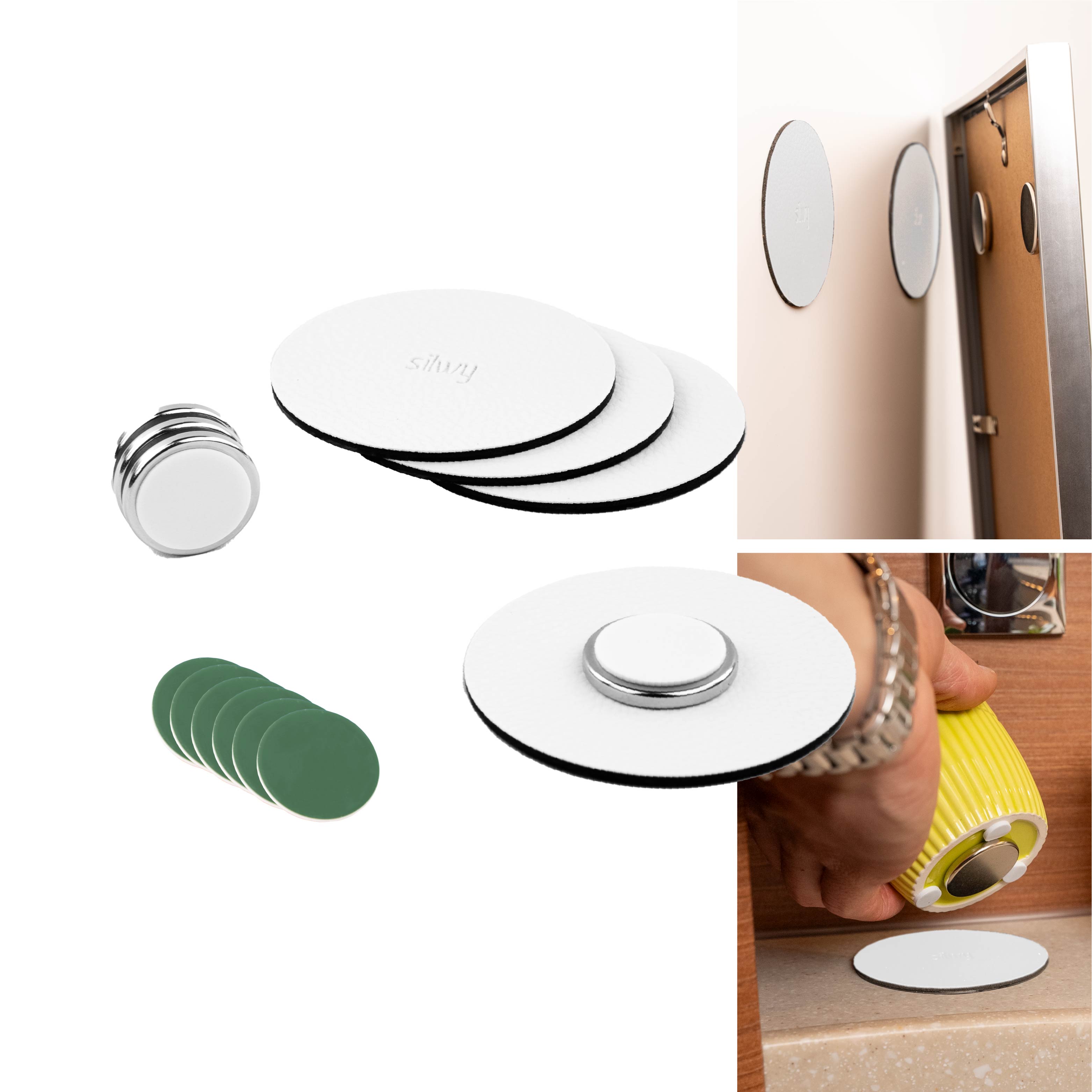 Magnetic power bundle in white - round Metal-Nano-Gel-Pads in white and magnets for attaching to picture frames or vases, for example
