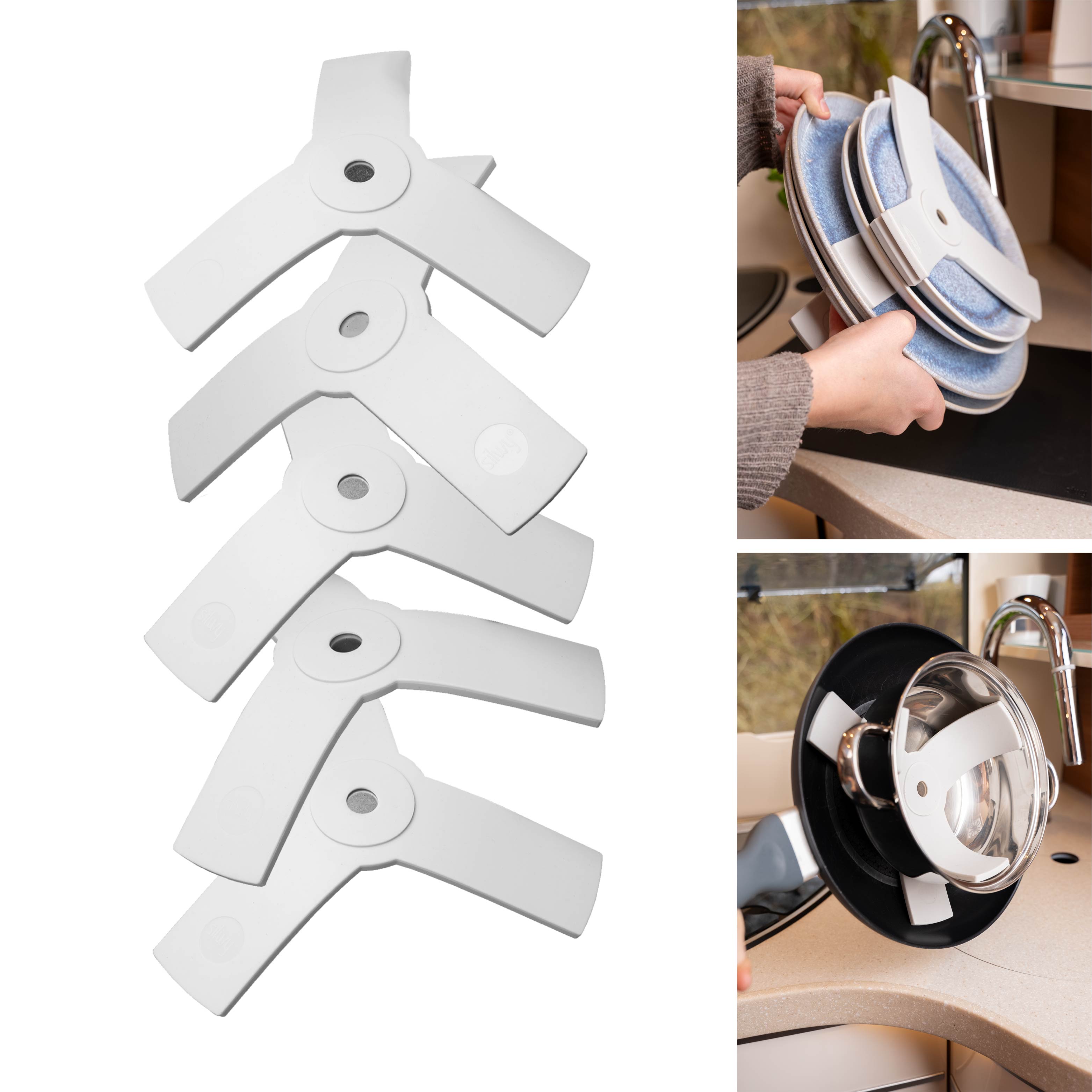 Set of 5 sandwiches white free-standing plates - Plates plates attached to each other with sandwiches and pan and pot with sandwiches attached to each other 