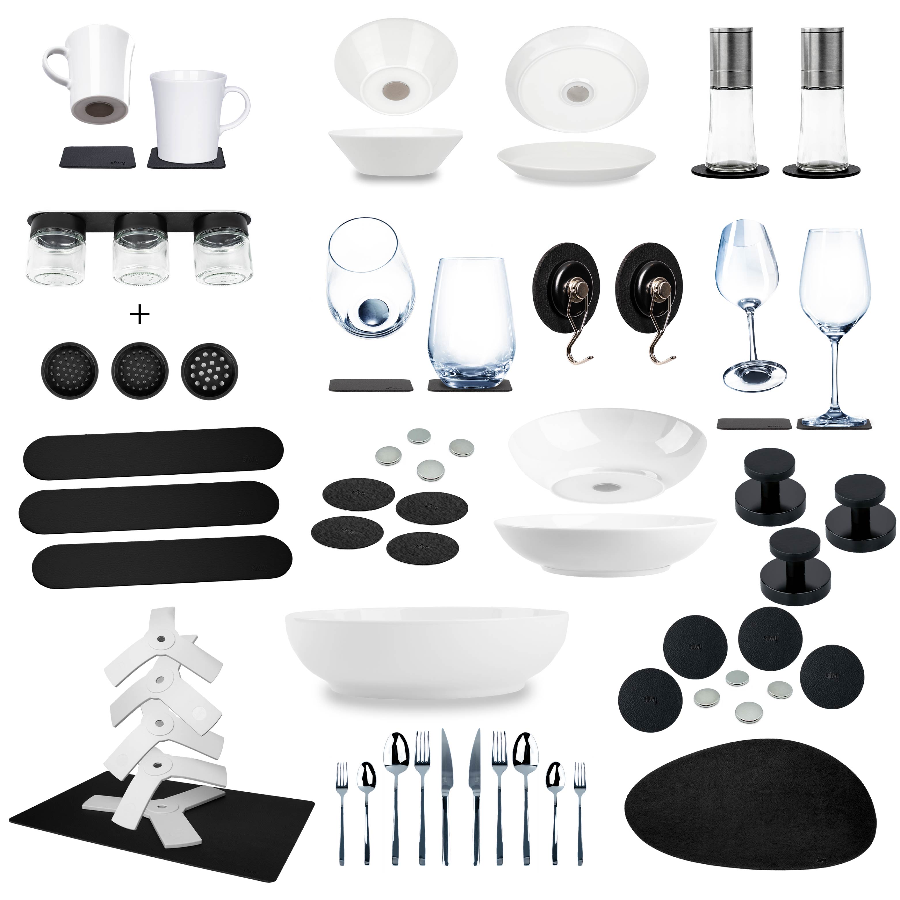 Set of Cups, food bowls, Plates, condiment jars, coat rack, metal rails, sandwich and Cutlery 