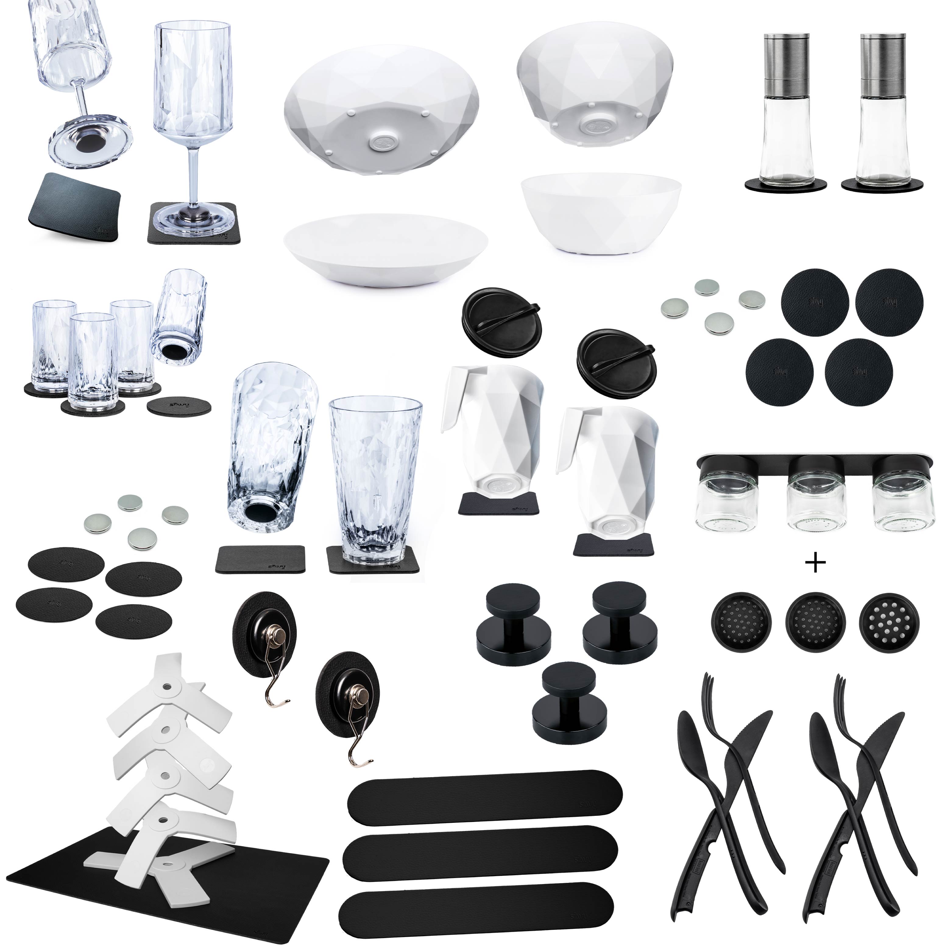 Set of glasses, Plates, food bowls, condiment jars, coat rack, Cutlery, sandwich and power bundle 