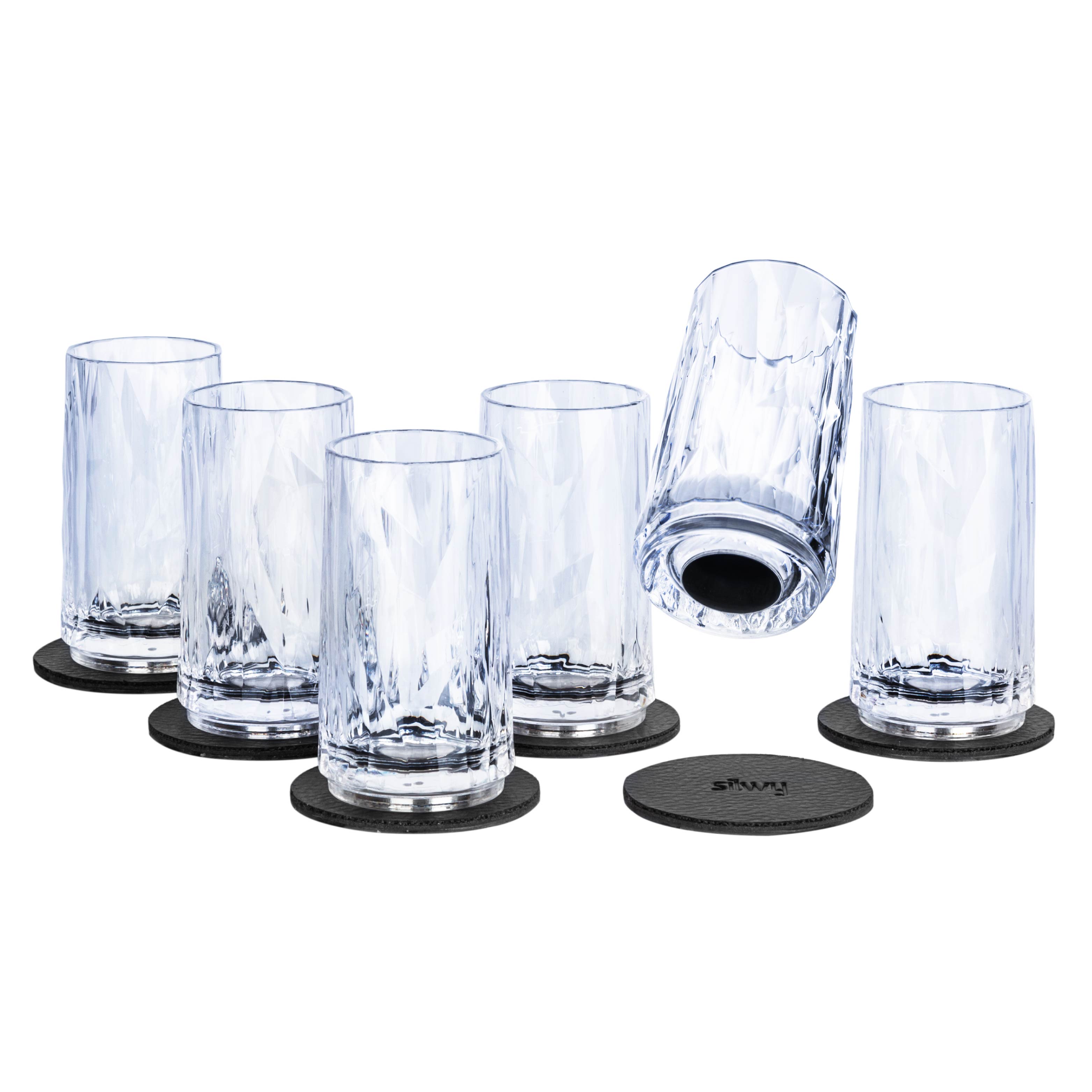 Set of 6 Magnetic plastic glasses with round metal nano gel pads in black 