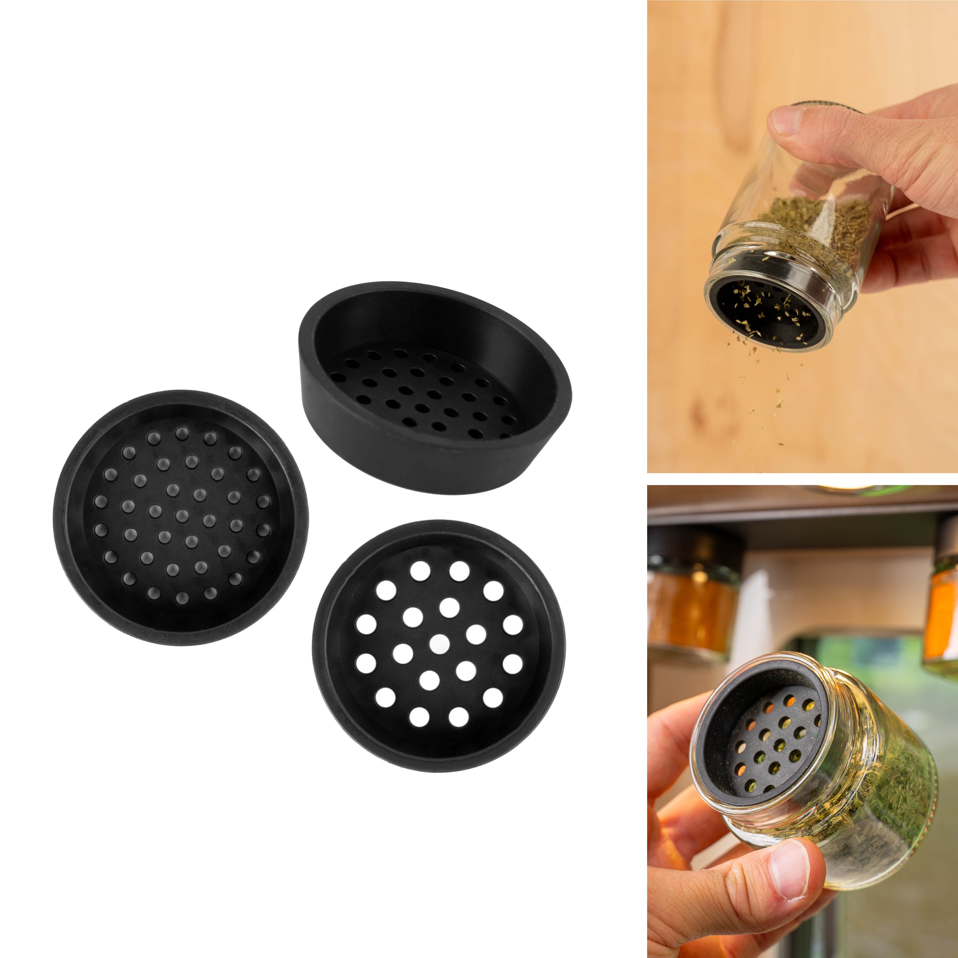 Sprinkling inserts for delicatessen jars in use