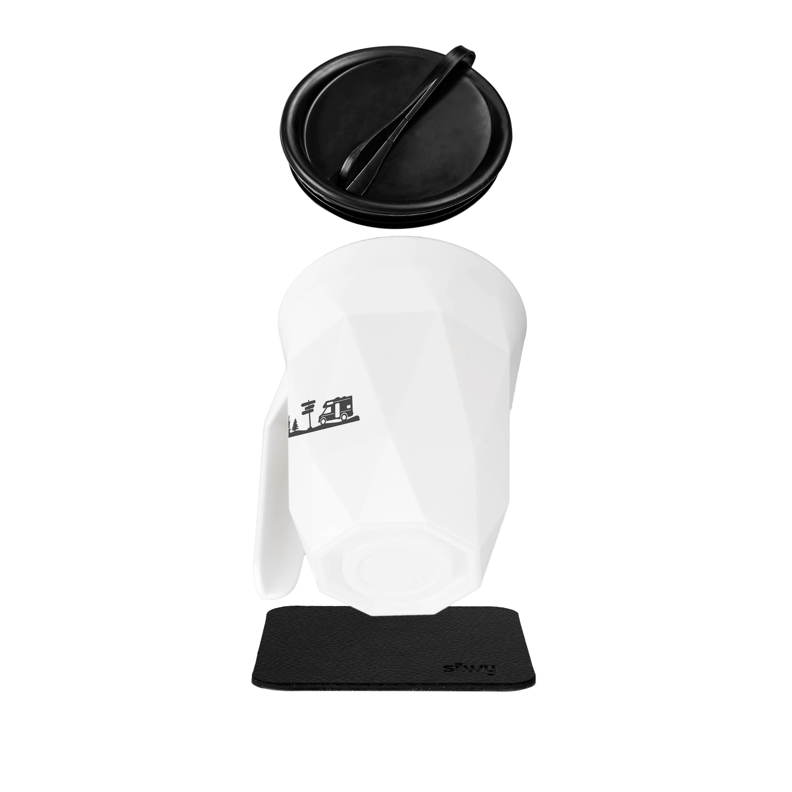 Individual parts of the Magnetic plastic cup TO-GO - black lid, white Cup and square Metal-Nano-Gel-Pad in black 