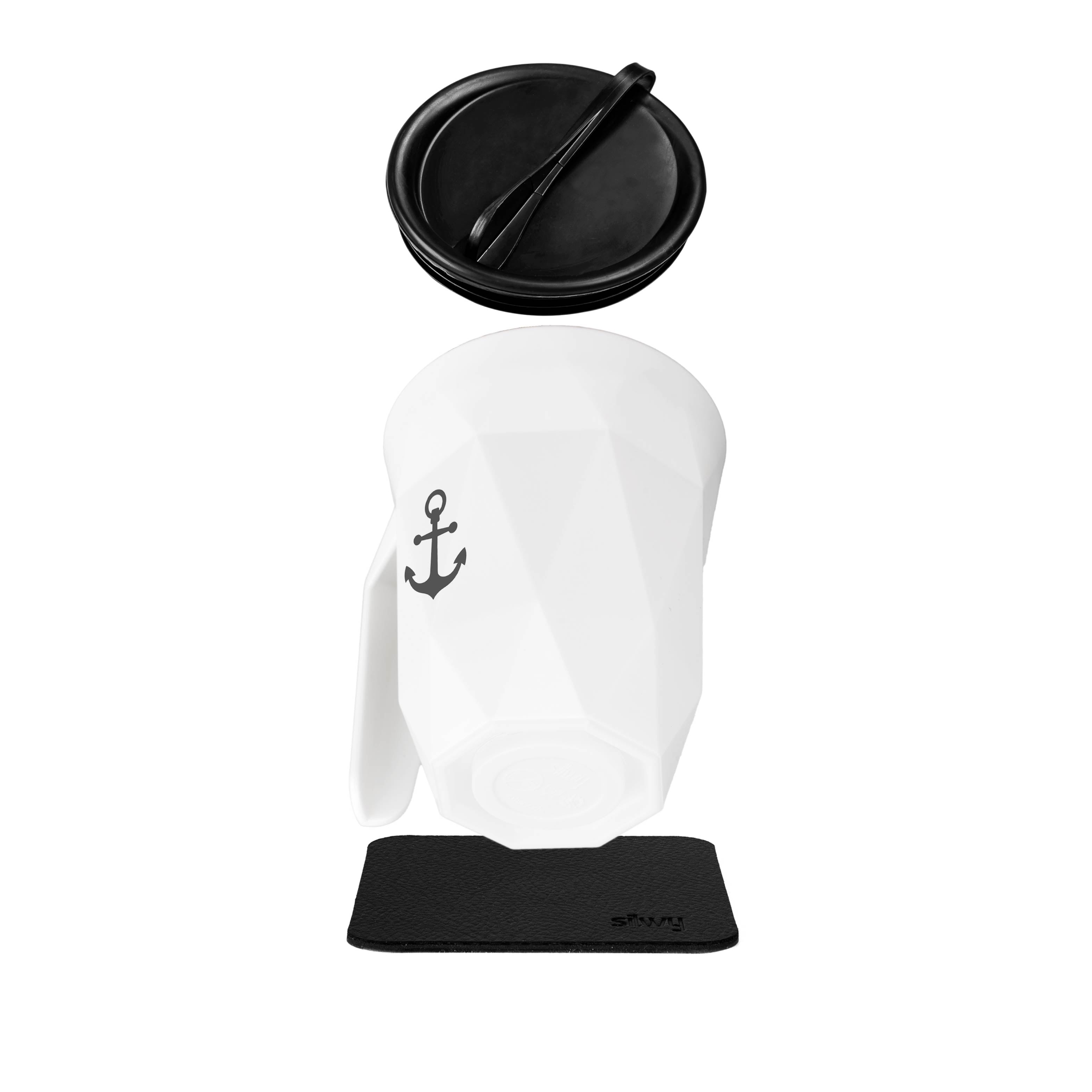 Magnetic plastic cup TO-GO in individual parts - black lid, white Cup and square Metal-Nano-Gel-Pad in black 