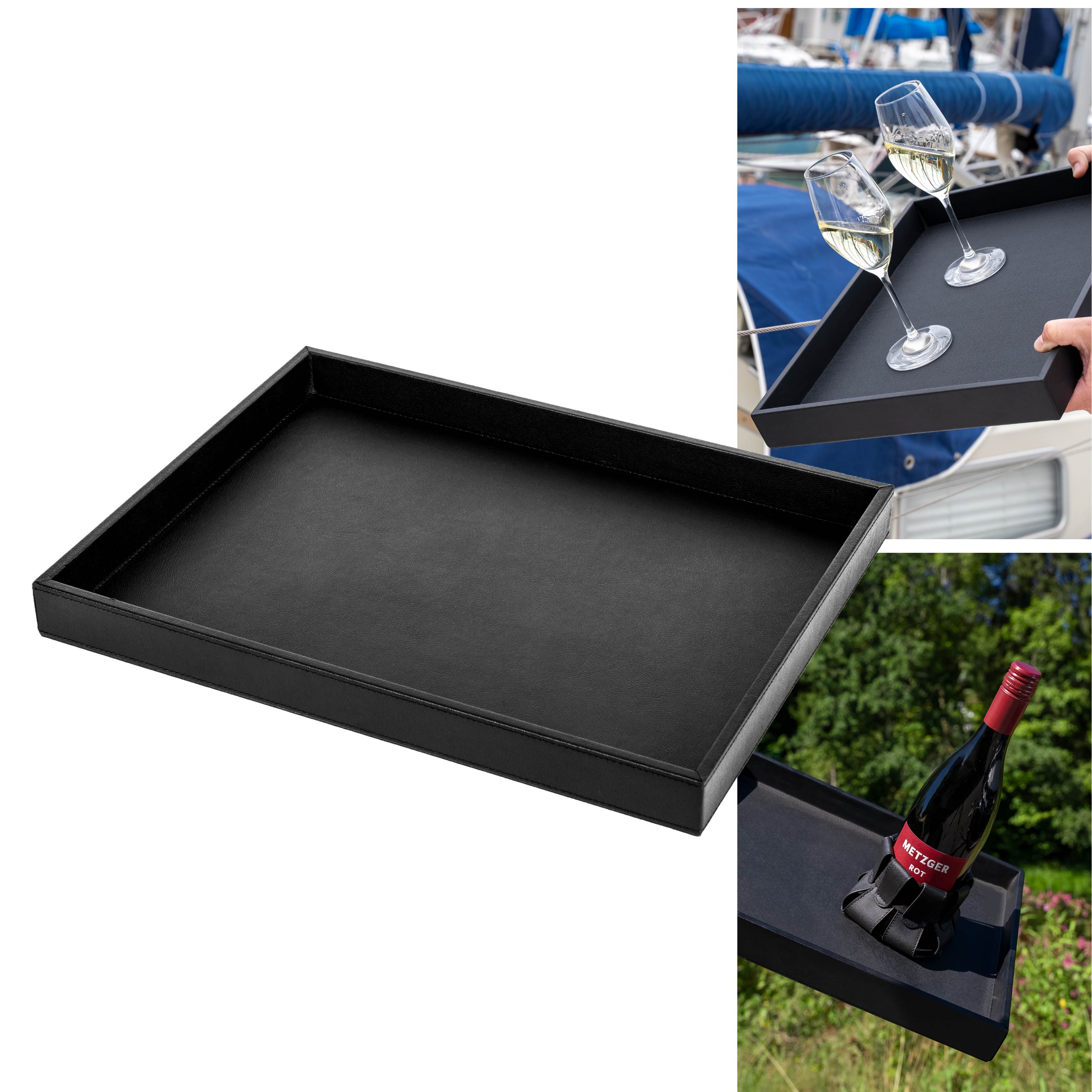 metal tray, bottle of red wine in magnetic bottle holder on metal tray and Magnetic crystal glasses champagne on metal tray 