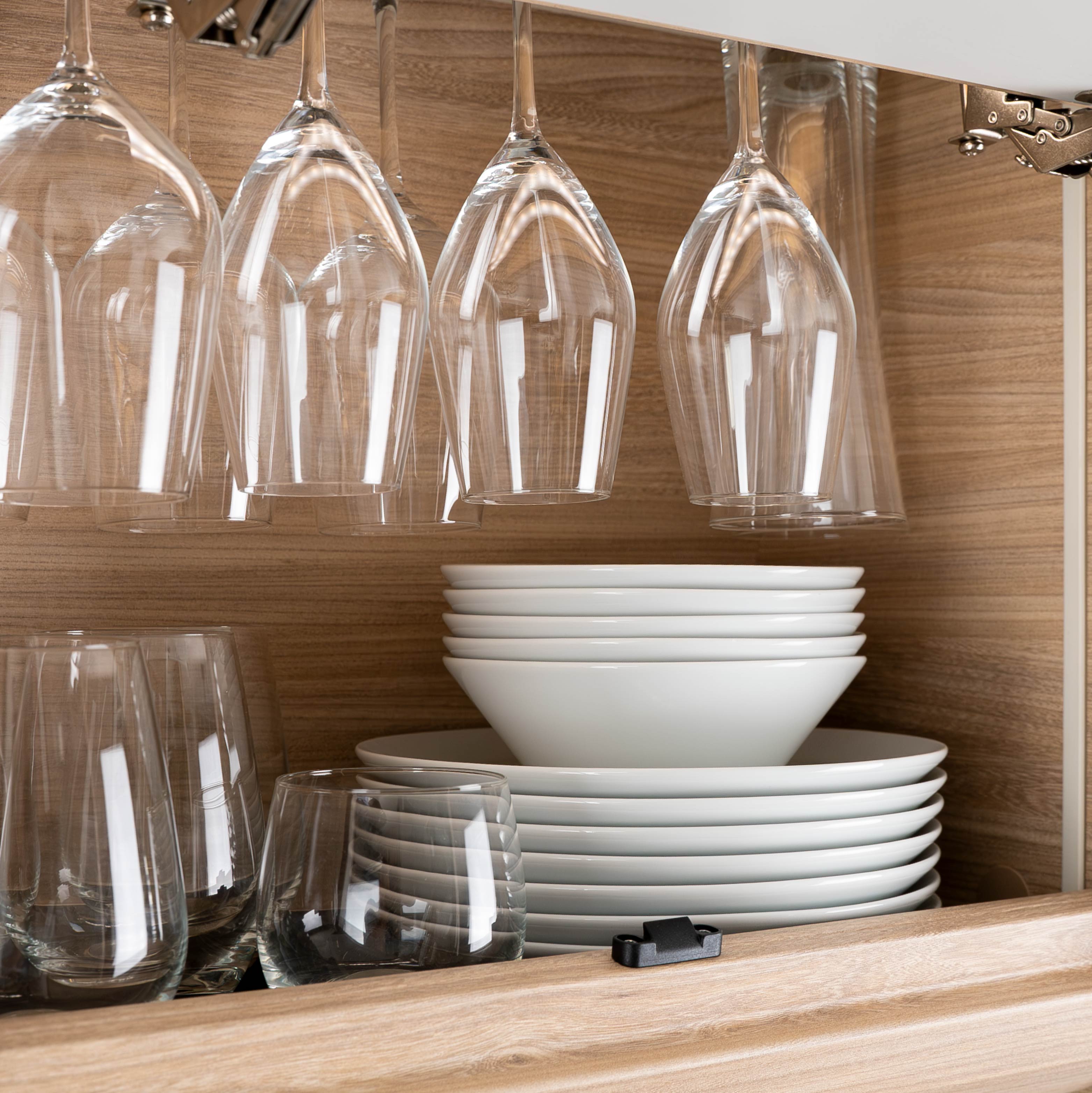 Magnetic glasses, magnetic porcelain Bowls and magnetic porcelain plates on shelf 
