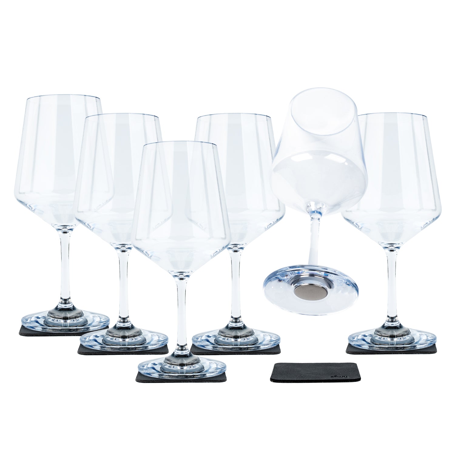 Set of 6 Magnetic crystal glasses wine with square Metal-Nano-Gel-Pad and integrated magnet in the base 