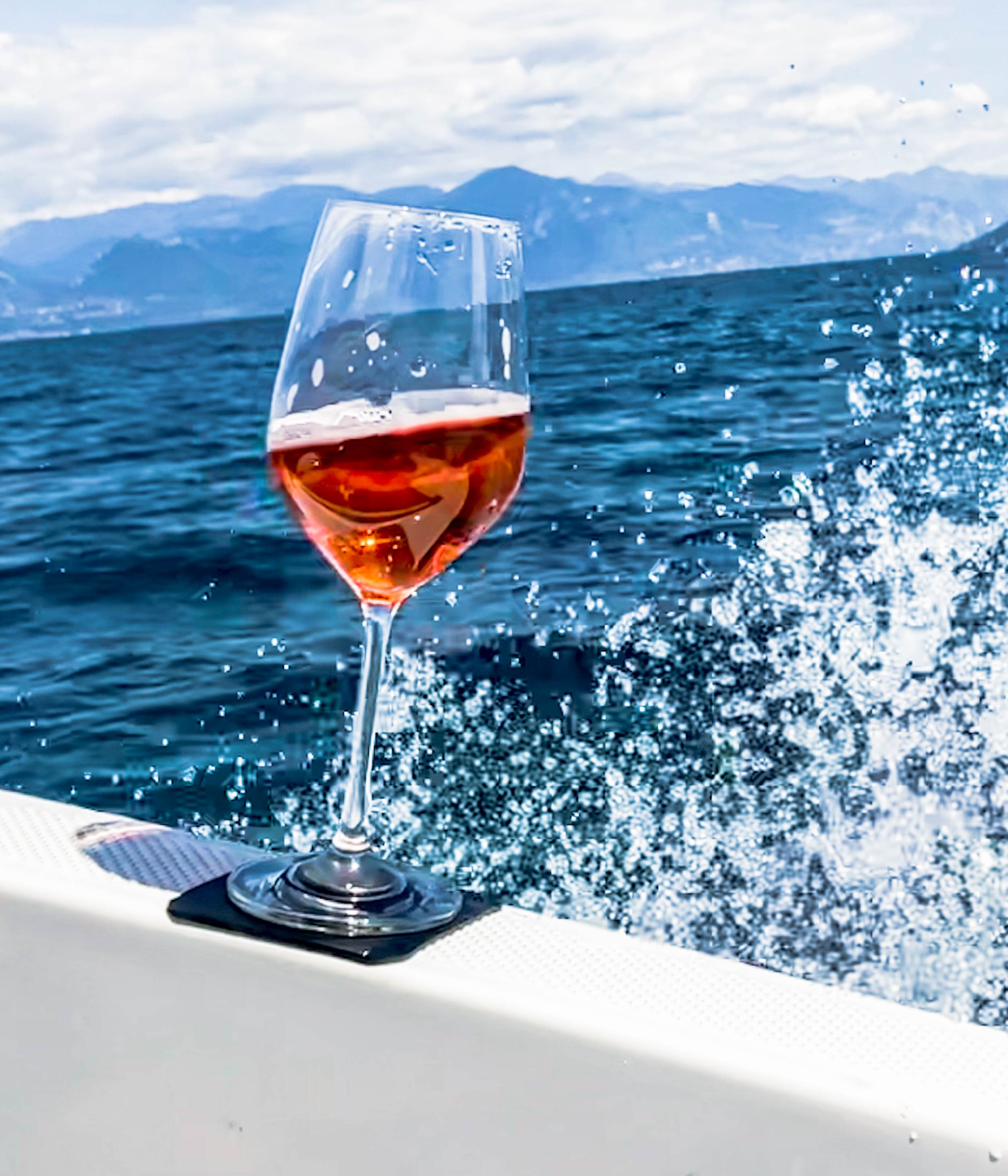 Magnetic crystal glass wine on pad while traveling by boat