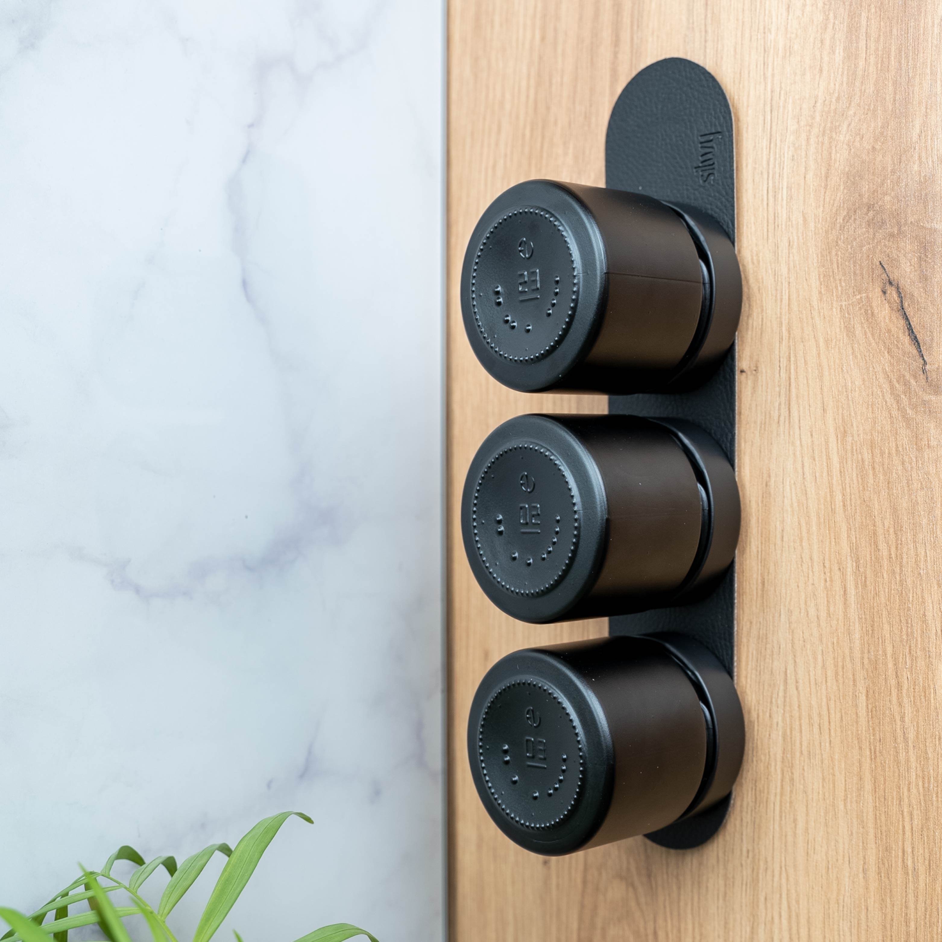 Magnetic deli jars mounted vertically on a ledge in a kitchen environment