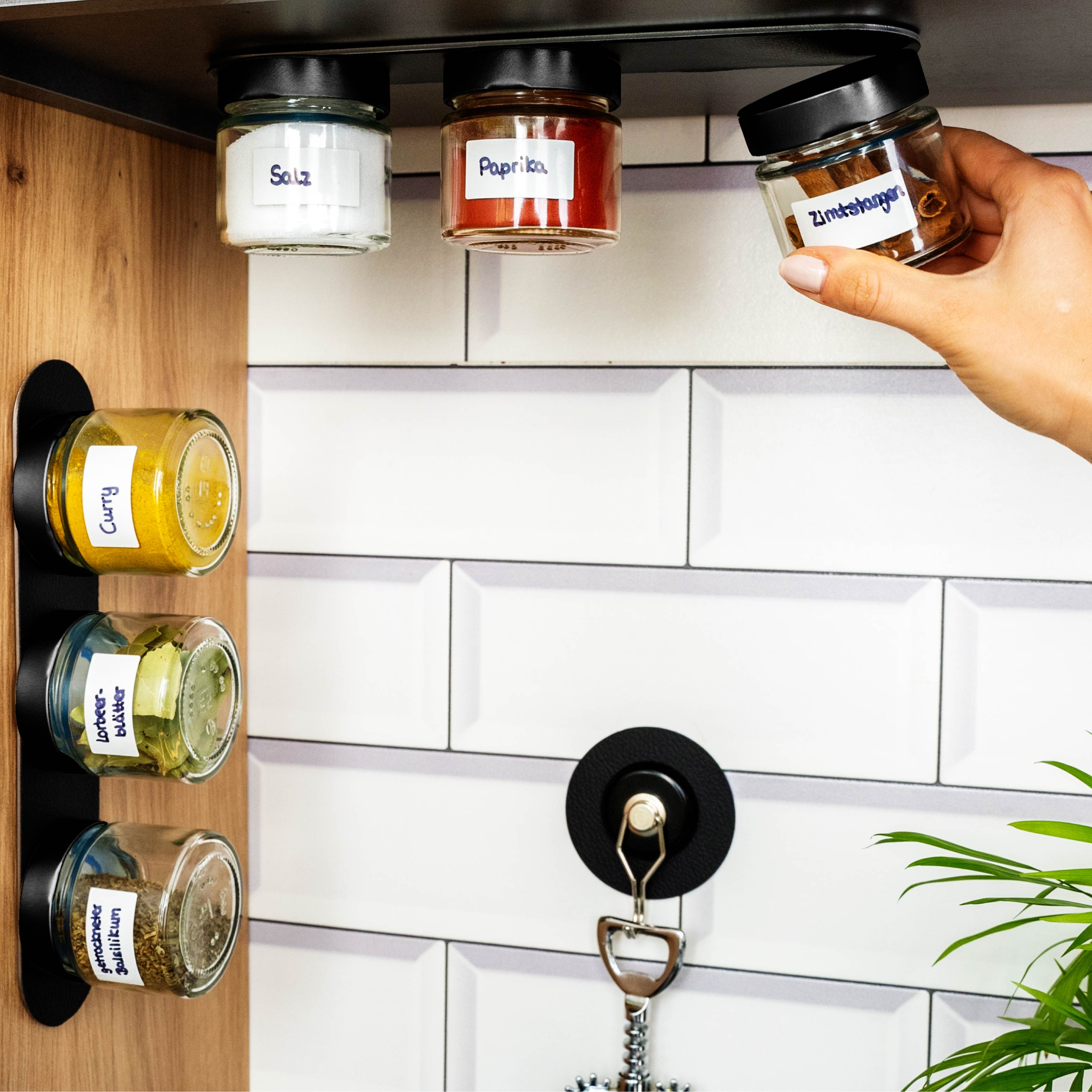 Magnetic deli jars on Metal Strip in a kitchen environment