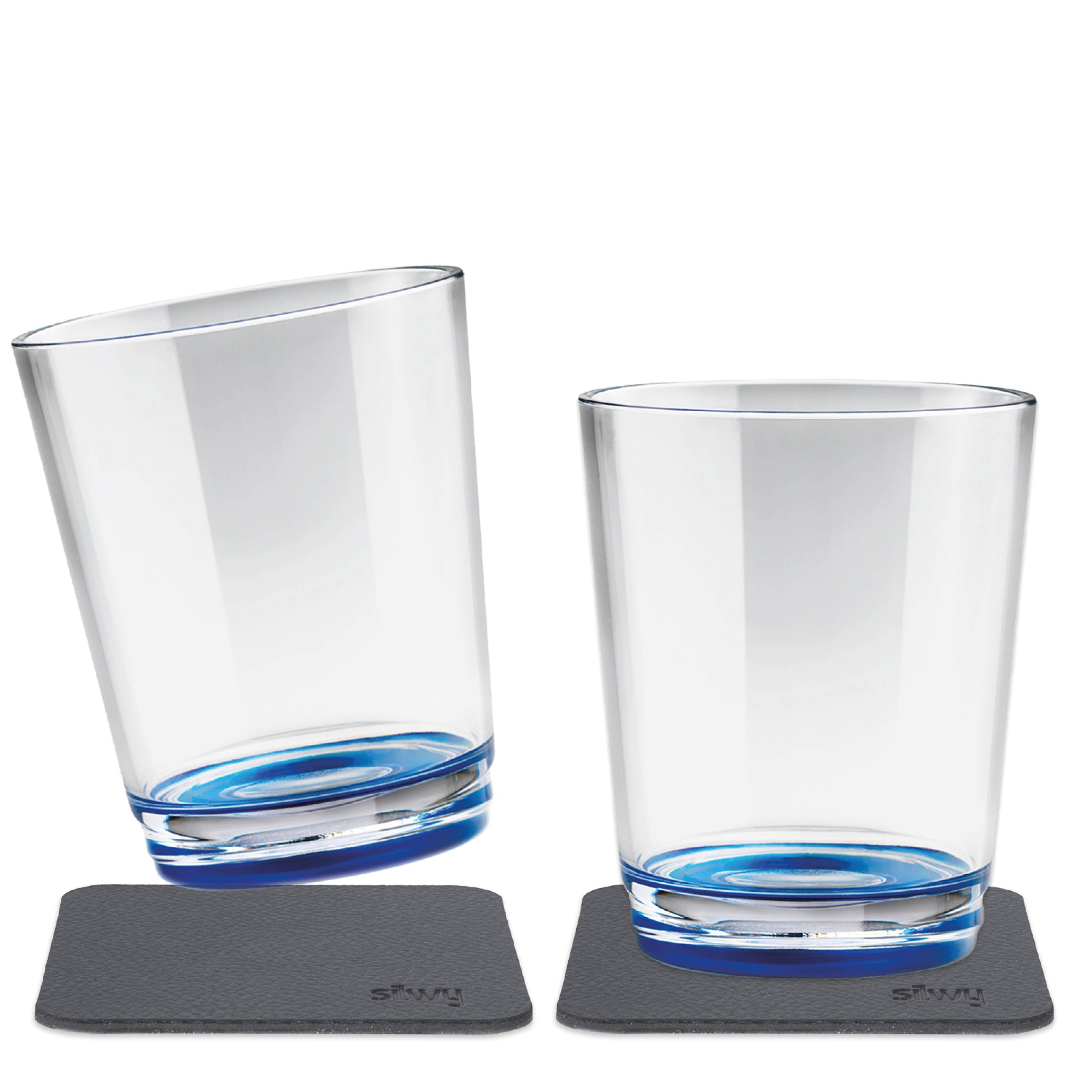 Magnetic glasses with blue base and integrated magnet in the base and accompanying black Metal-Nano-Gel-Pad