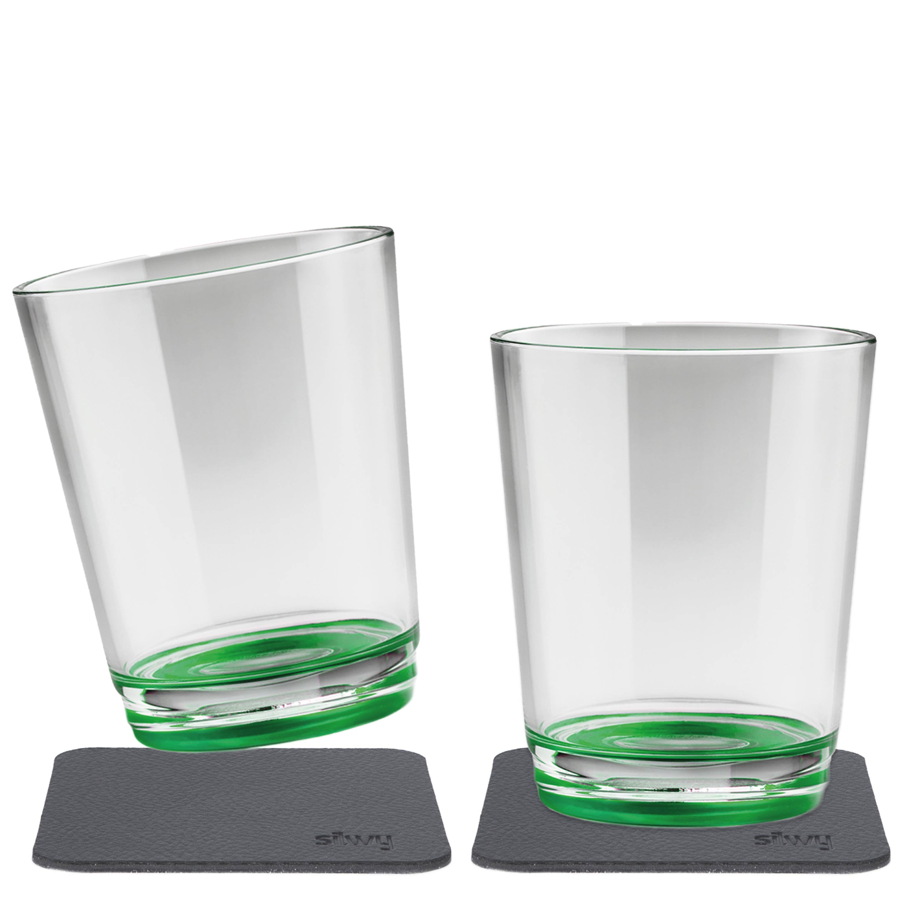 Magnetic glasses with green base and integrated magnet in the base and the corresponding Metal-Nano-Gel-Pads 