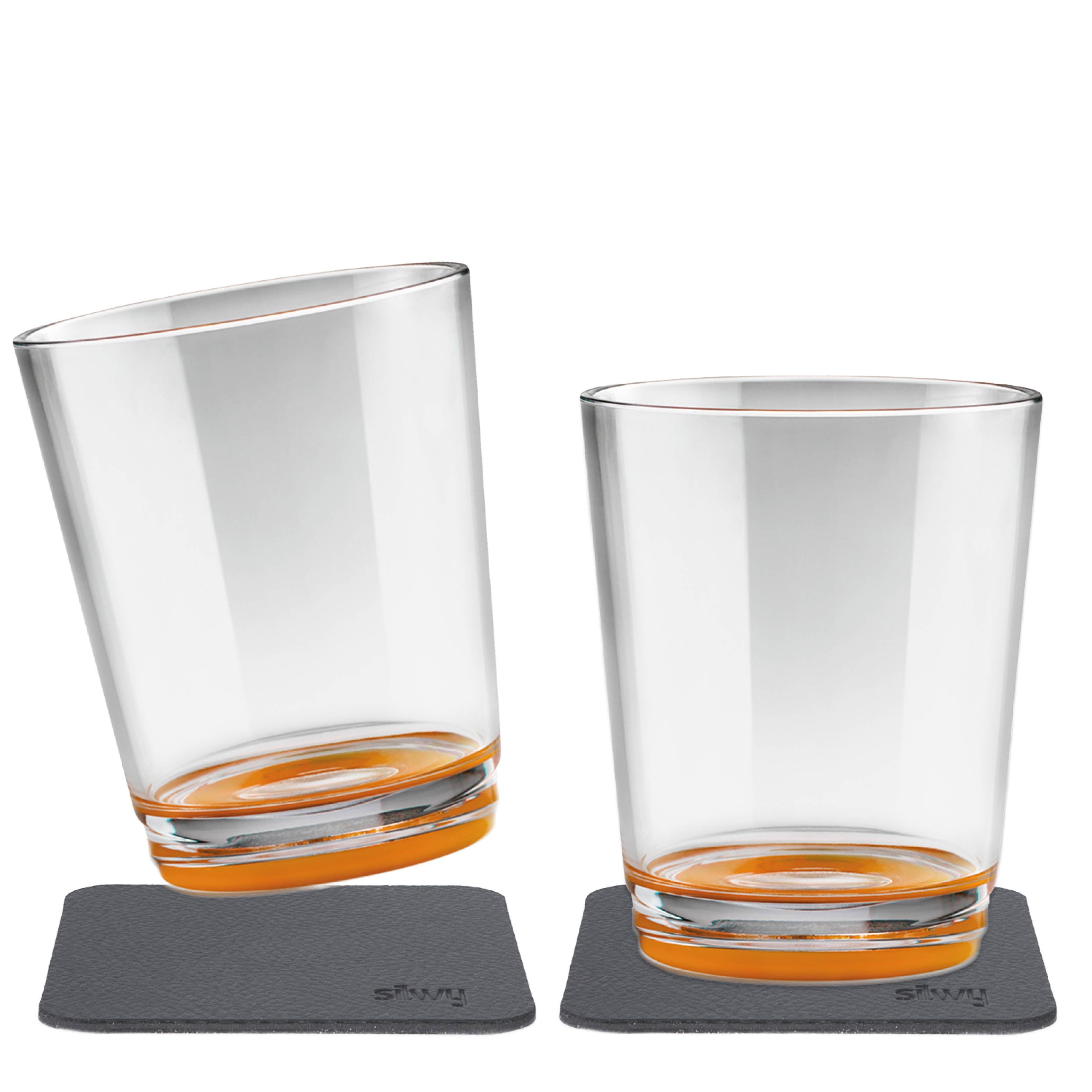 Magnetic glasses with orange base and integrated magnet in the base and the corresponding Metal-Nano-Gel-Pads 