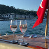 Crystal glasses champagne on pad on boat