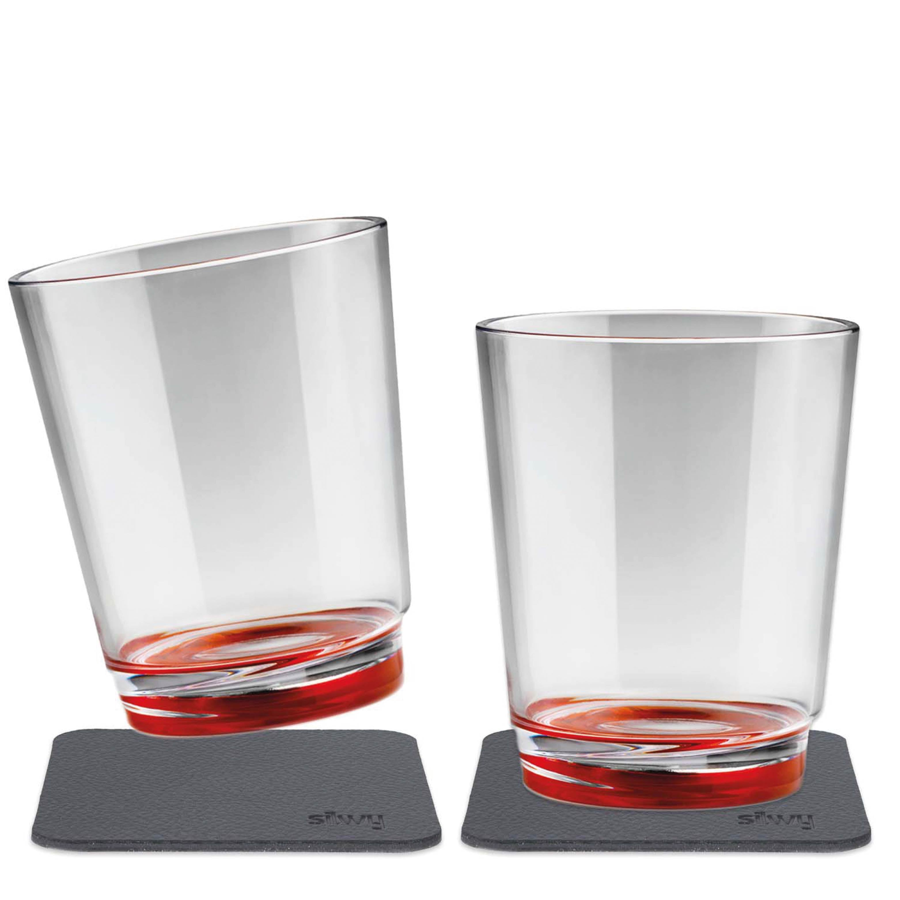 Magnetic glasses with red base and integrated magnet in the base and associated metal nano-gel pads 