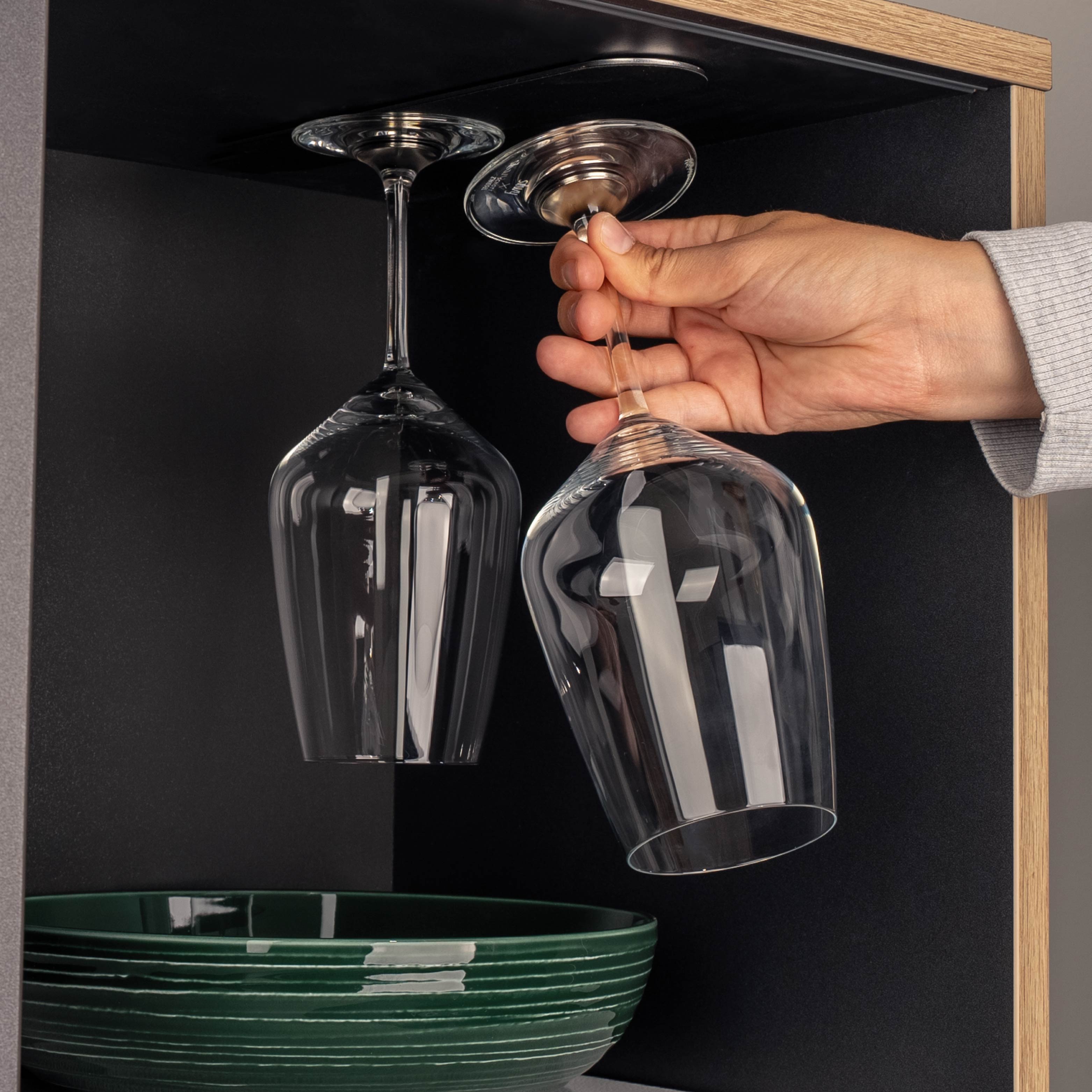 Magnetic crystal glasses wine hanging on Metal Strip in cabinet, there is a Plates plate at the bottom of the shelf 