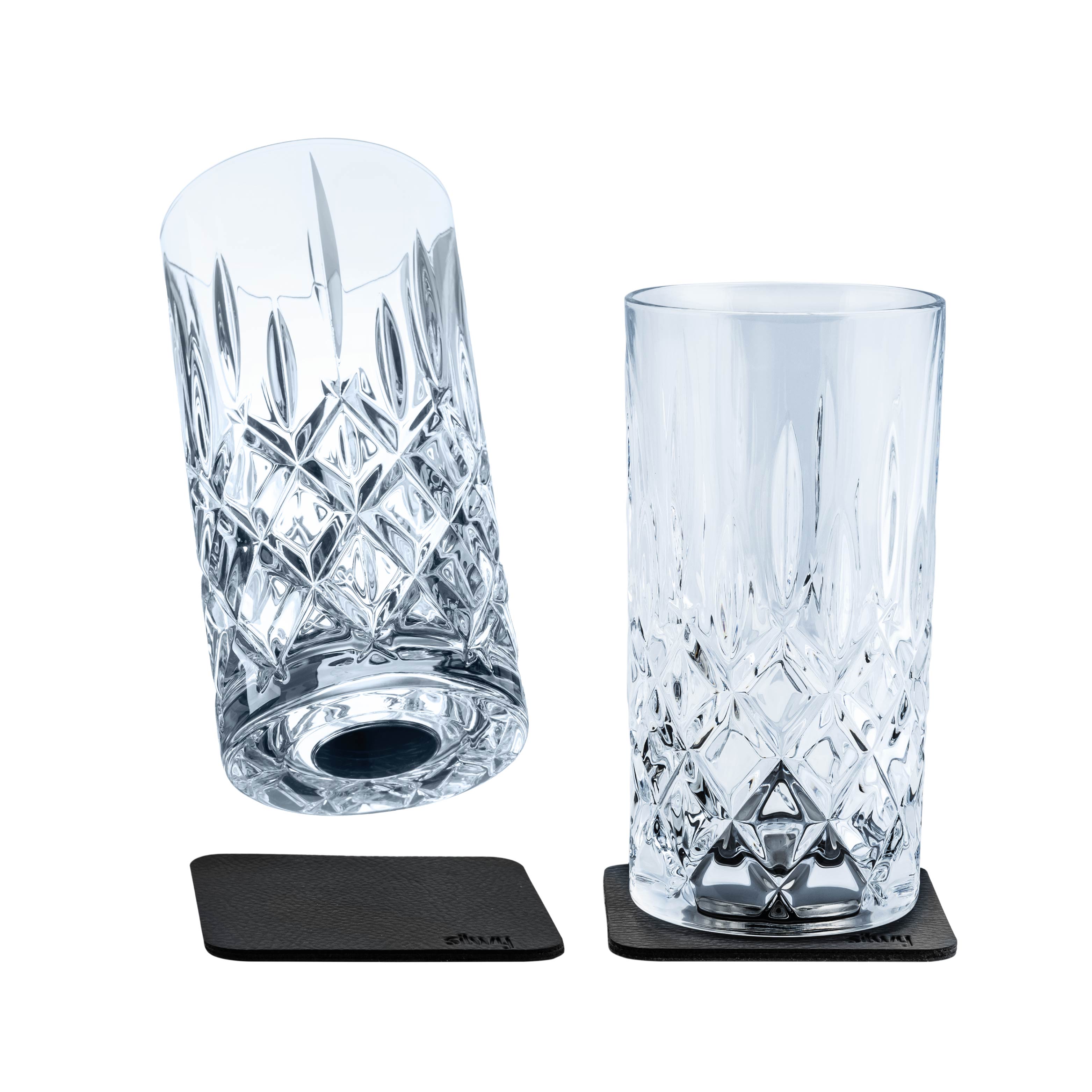 Deux verrines magnétiquesVerres en cristal LONGDRINK avec aimant intégré dans le fond et Nano-Gel Pads Métalliques carrées Nano-Gel Pads Métalliques 