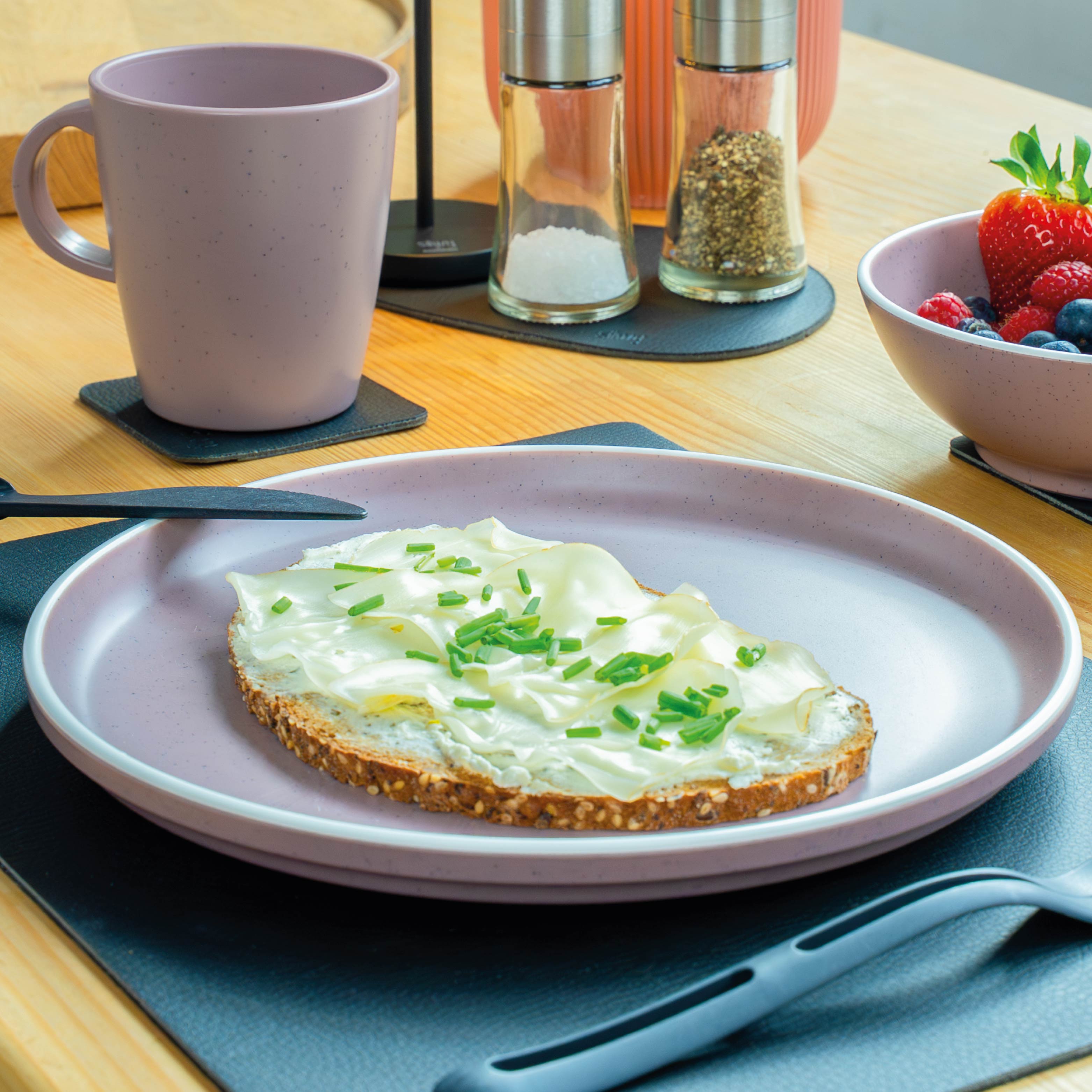 Assiette en plastique ROSE, placée sur Nano-gel mat métallique