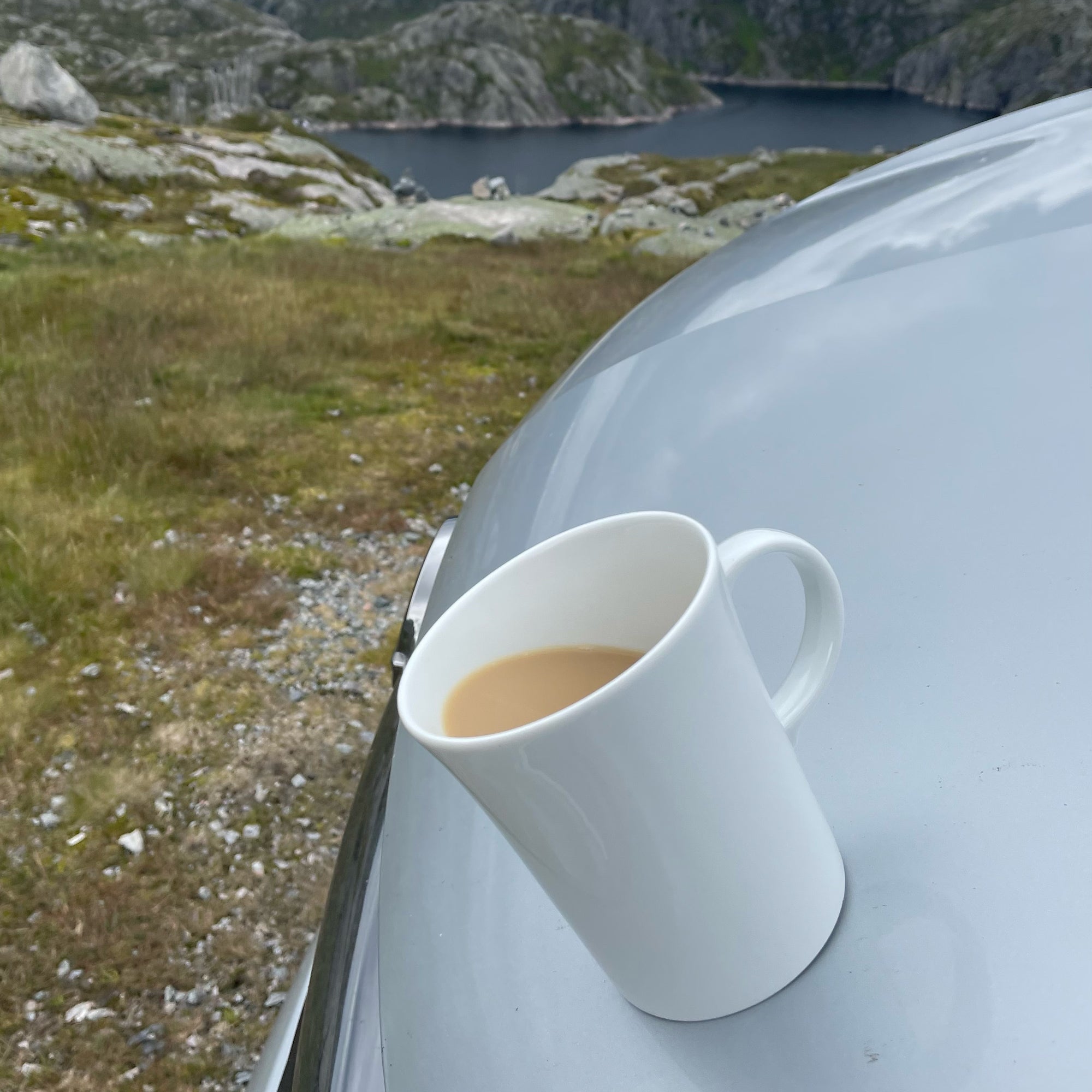 Tazza magnetica in porcellana su cofano davanti a un Fyord  