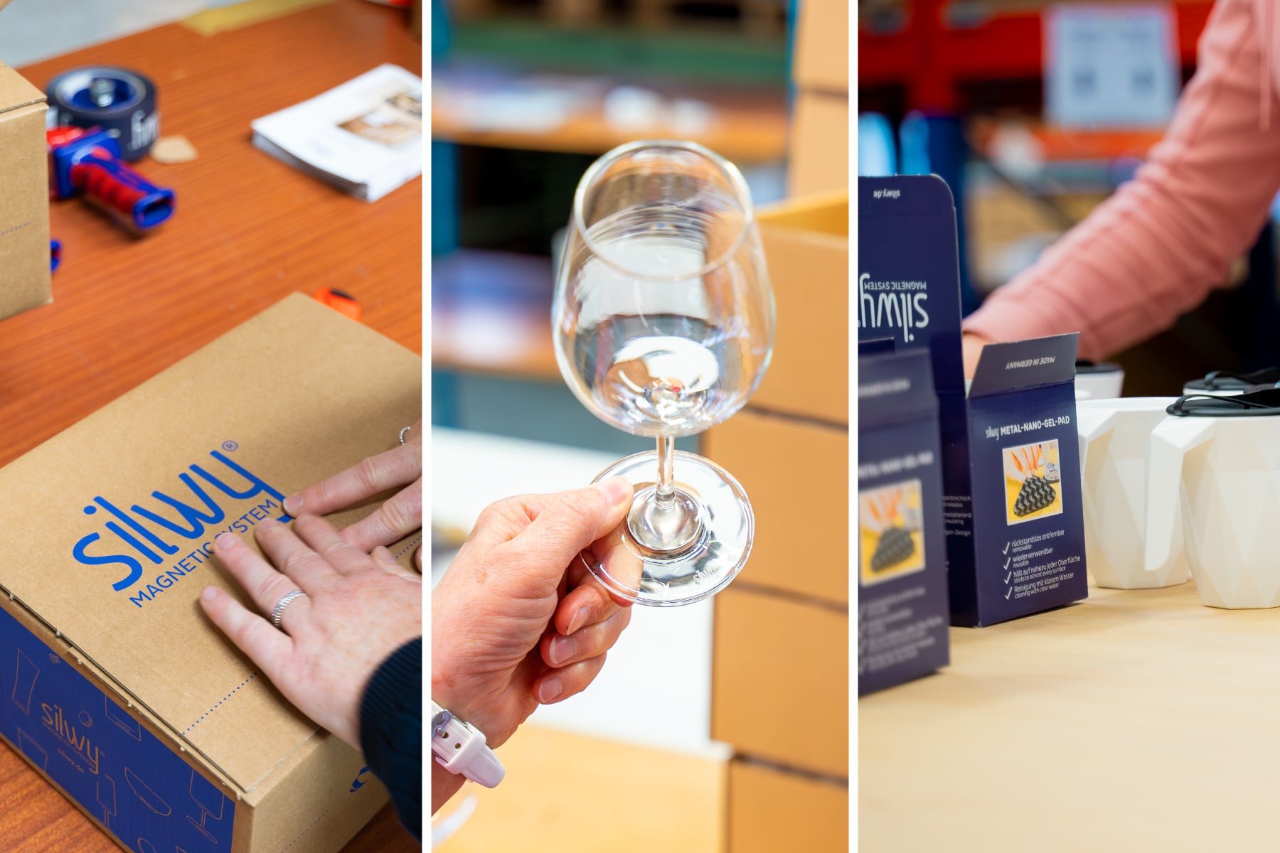 Impronte di magazzino - confezione in seta, vino magnetico in cristallo e bicchiere magnetico in plastica TO-GO con la relativa confezione 