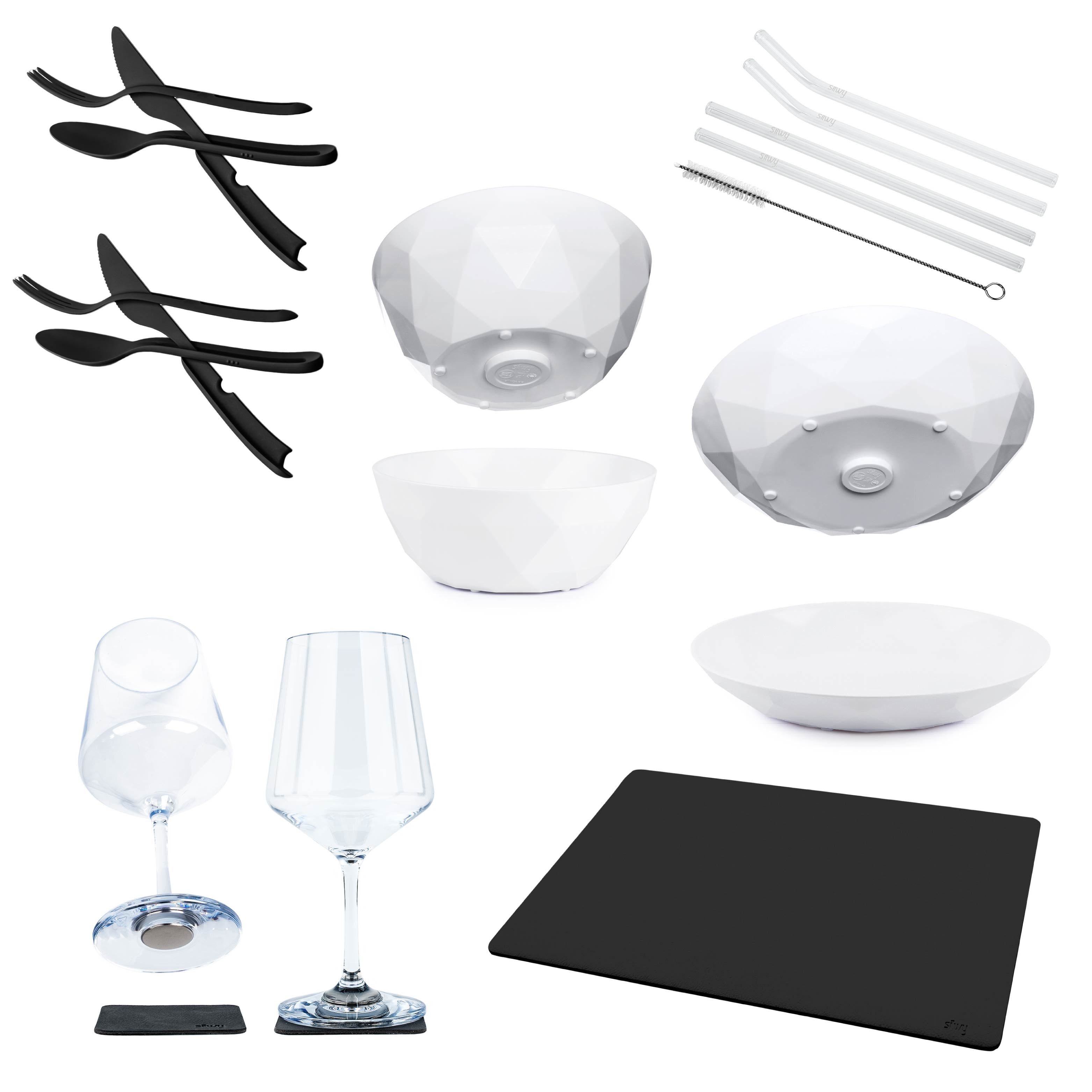 Il set è composto da bicchieri da vino magnetici in cristallo, tappetino in metallo fai da te, ciotola magnetica per alimenti, piatto magnetico, set di posate Tricky Black e cannucce. 